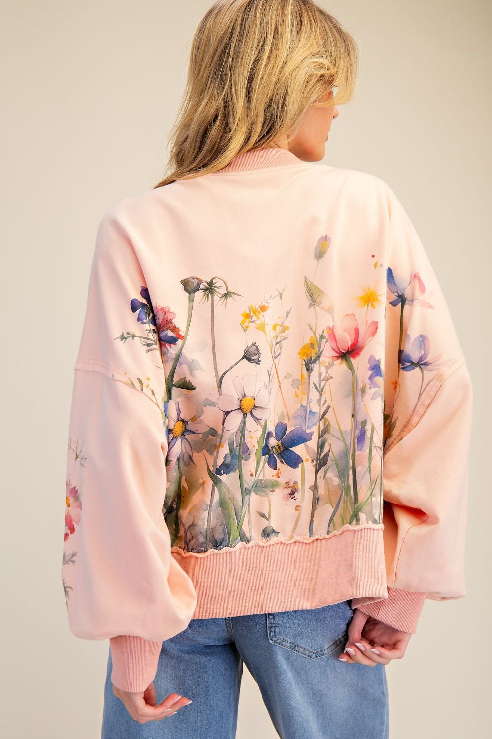 Easel Floral Printed Mineral Washed Terry Knit Pullover in Coral-Tops-Easel-Deja Nu Boutique, Women's Fashion Boutique in Lampasas, Texas