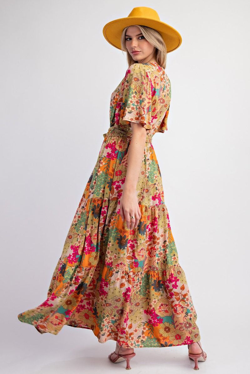 Easel Floral Printed Rayon Challis Maxi Dress In Sage-Maxi Dresses-Easel-Deja Nu Boutique, Women's Fashion Boutique in Lampasas, Texas
