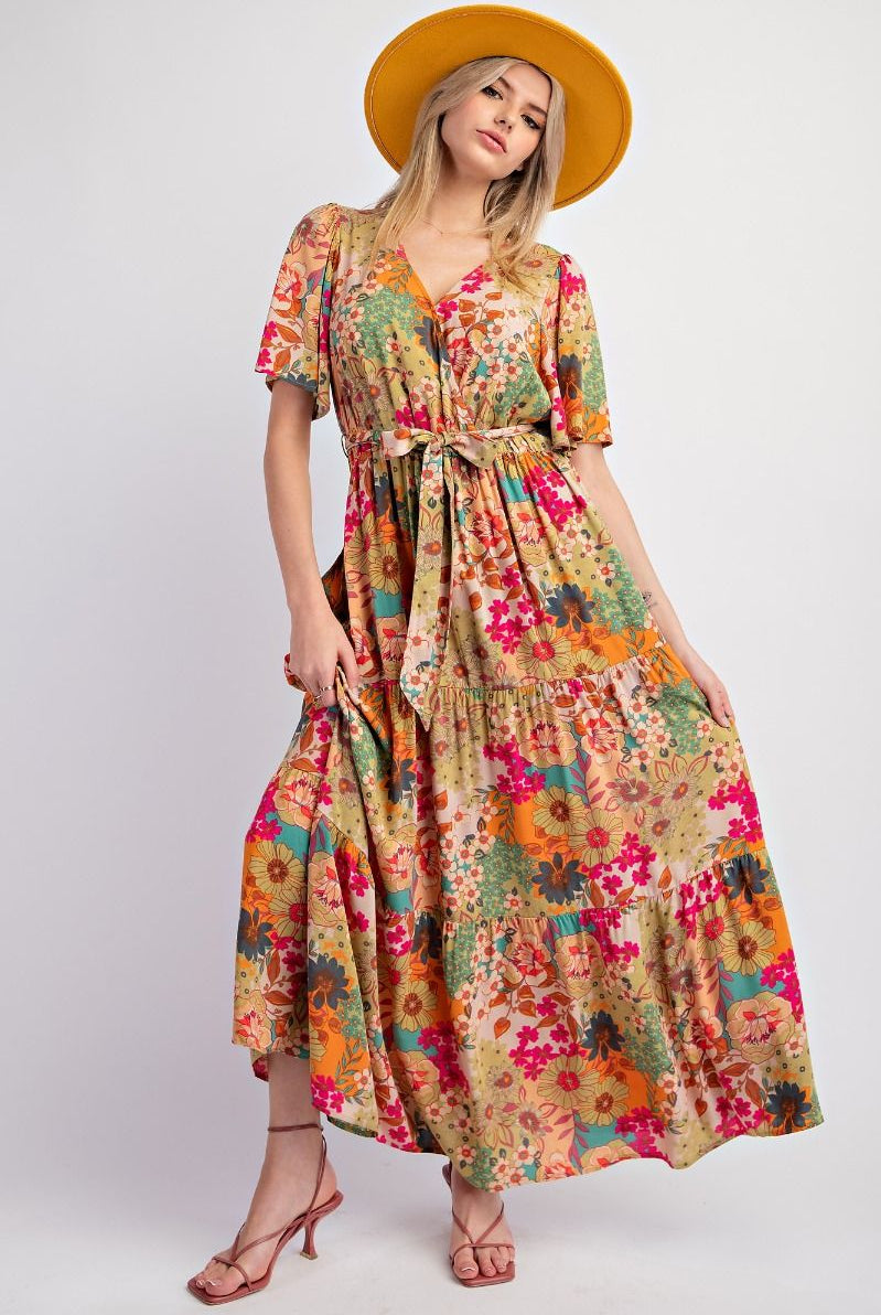 Easel Floral Printed Rayon Challis Maxi Dress In Sage-Maxi Dresses-Easel-Deja Nu Boutique, Women's Fashion Boutique in Lampasas, Texas