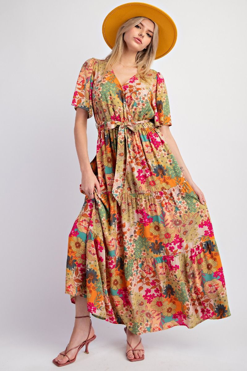 Easel Floral Printed Rayon Challis Maxi Dress In Sage-Maxi Dresses-Easel-Deja Nu Boutique, Women's Fashion Boutique in Lampasas, Texas