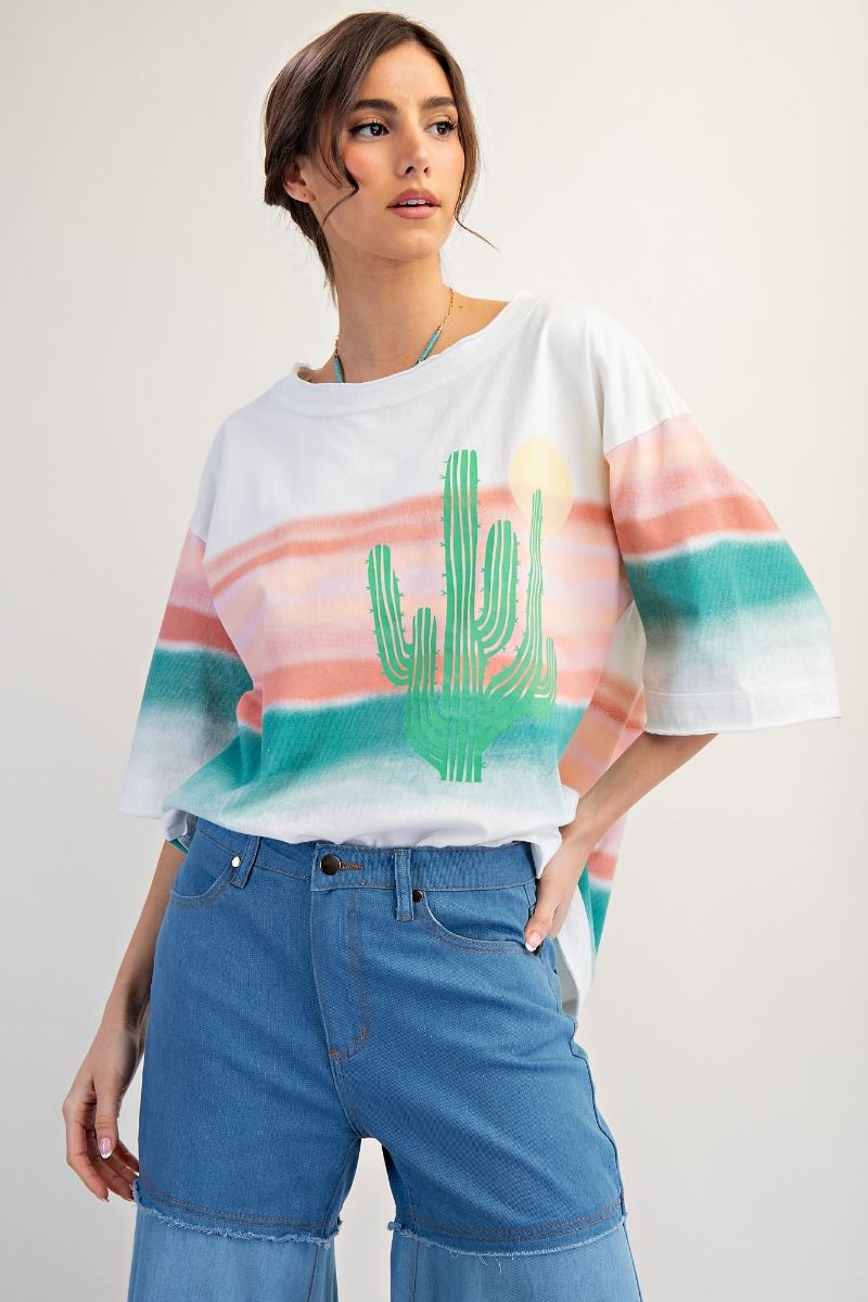 Easel Graphic Western Soft Washed Cactus Top – White Multicolor-Graphic Tees-Easel-Deja Nu Boutique, Women's Fashion Boutique in Lampasas, Texas