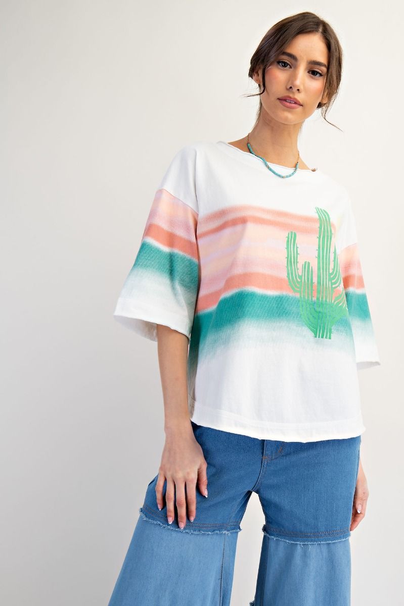 Easel Graphic Western Soft Washed Cactus Top – White Multicolor-Graphic Tees-Easel-Deja Nu Boutique, Women's Fashion Boutique in Lampasas, Texas