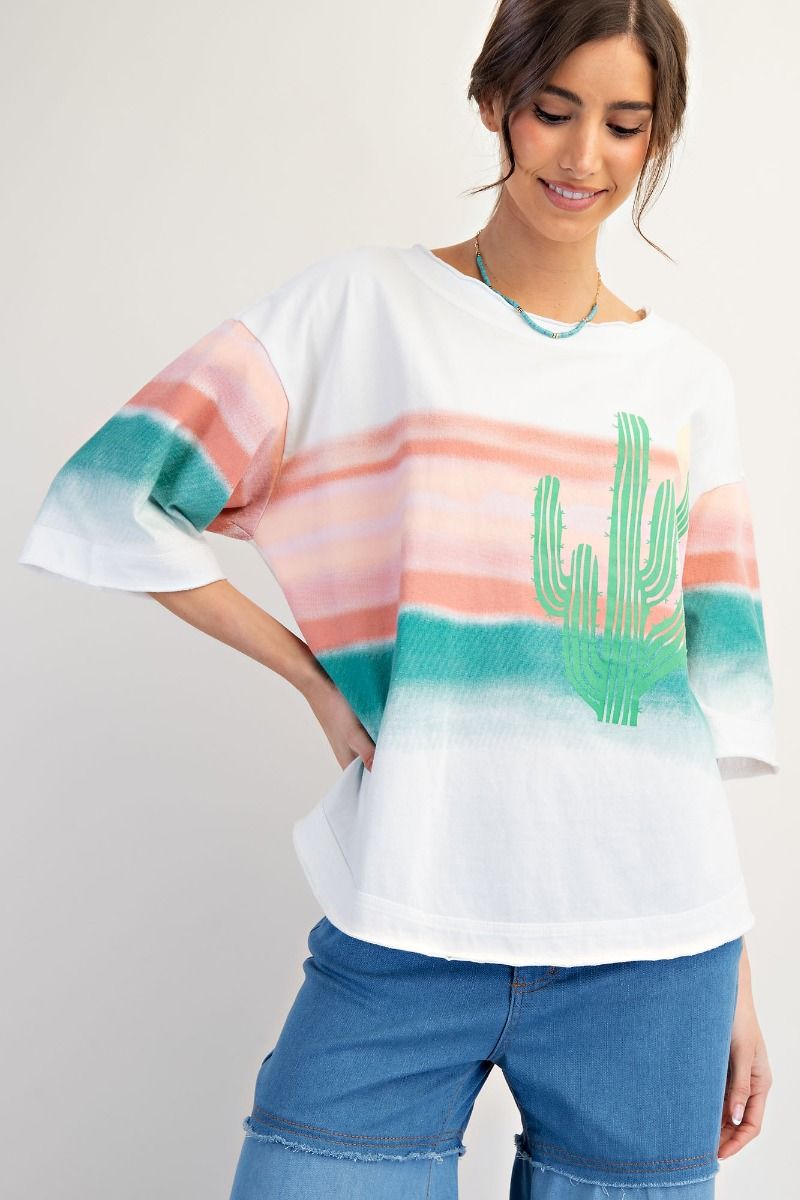 Easel Graphic Western Soft Washed Cactus Top – White Multicolor-Graphic Tees-Easel-Deja Nu Boutique, Women's Fashion Boutique in Lampasas, Texas