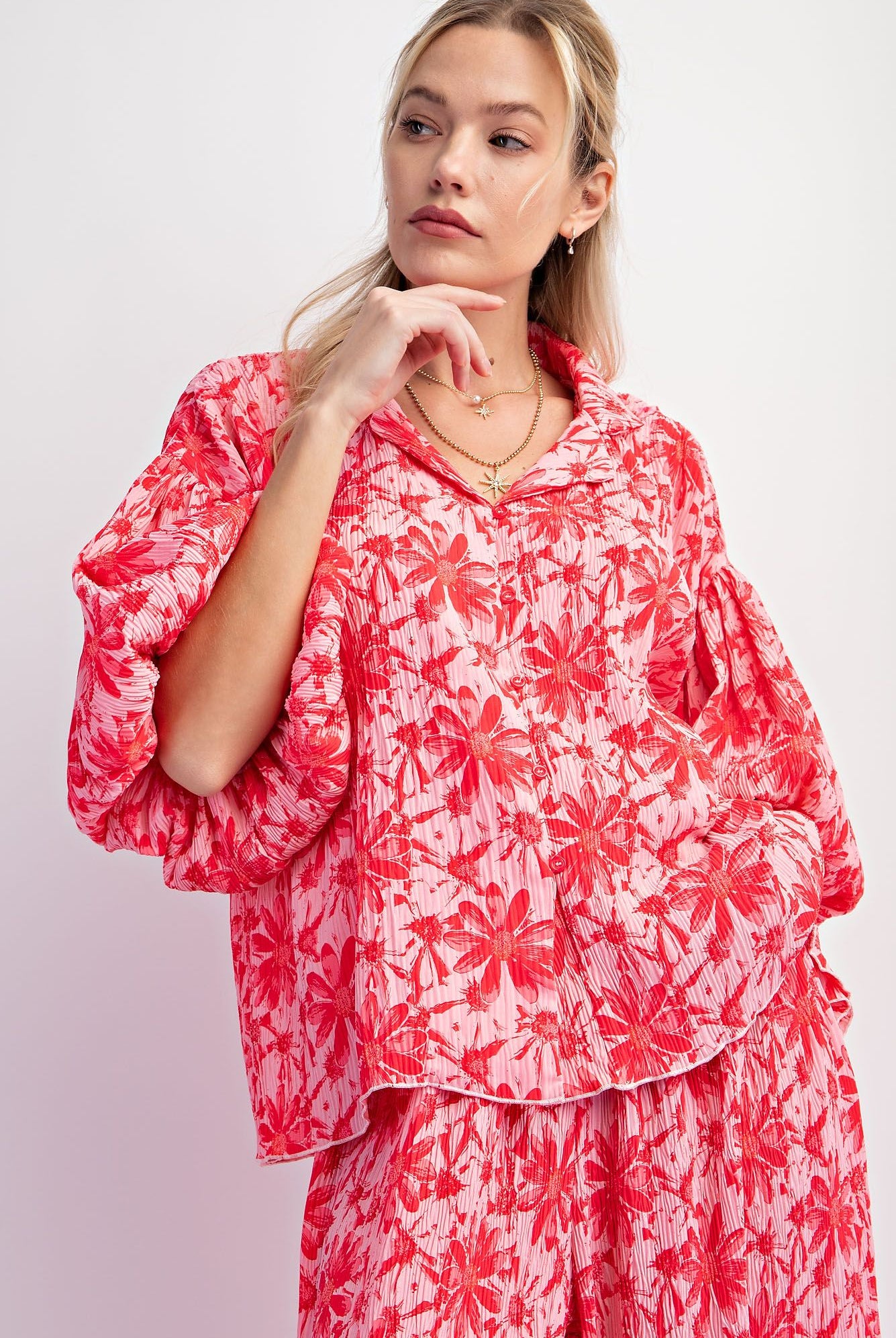 Easel Hot Pink & Red Floral Puff Sleeve Crinkled Poly Button-Down: A Playful Summer Delight!-Tops-Easel-Deja Nu Boutique, Women's Fashion Boutique in Lampasas, Texas