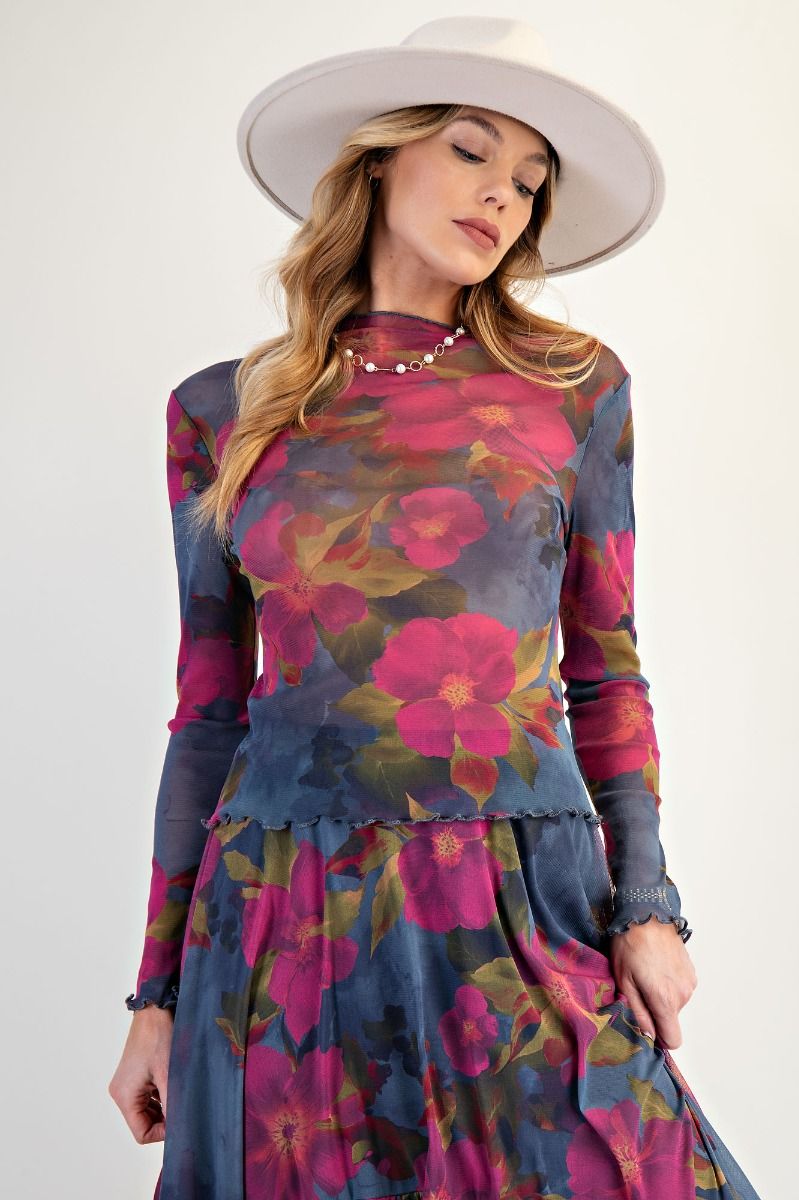 Easel Indigo Magenta Floral Mesh Fitted Top – Sheer Long Sleeve Layering Tee-sheer top-Easel-Deja Nu Boutique, Women's Fashion Boutique in Lampasas, Texas