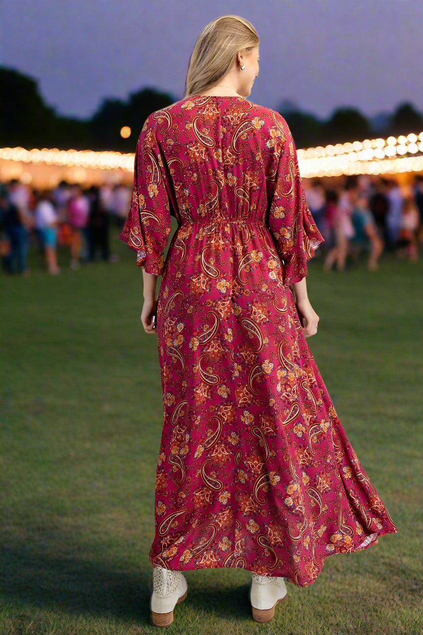 Easel Magenta Border Print Challis Maxi Dress – Wing Sleeve Boho V-Neck Dress with Pockets-Maxi Dresses-Easel-Deja Nu Boutique, Women's Fashion Boutique in Lampasas, Texas