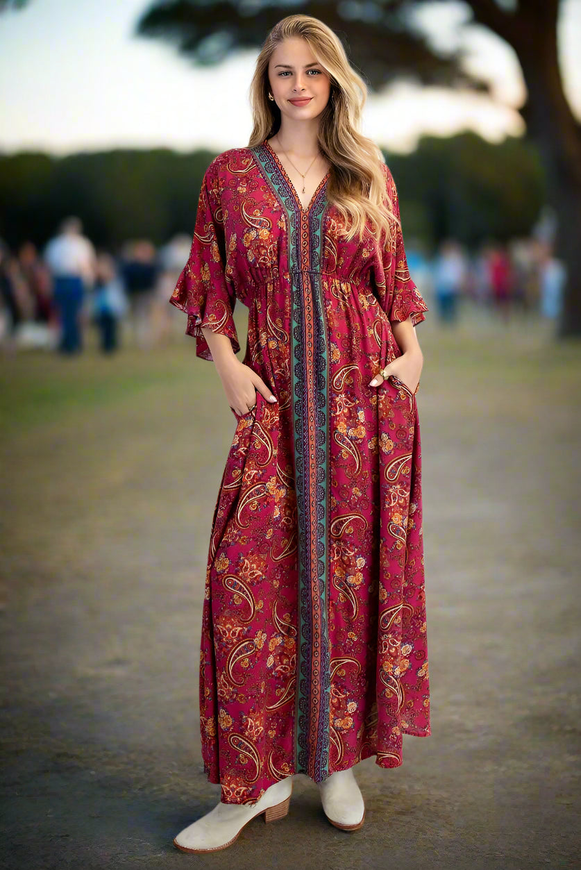 Easel Magenta Border Print Challis Maxi Dress – Wing Sleeve Boho V-Neck Dress with Pockets-Maxi Dresses-Easel-Deja Nu Boutique, Women's Fashion Boutique in Lampasas, Texas