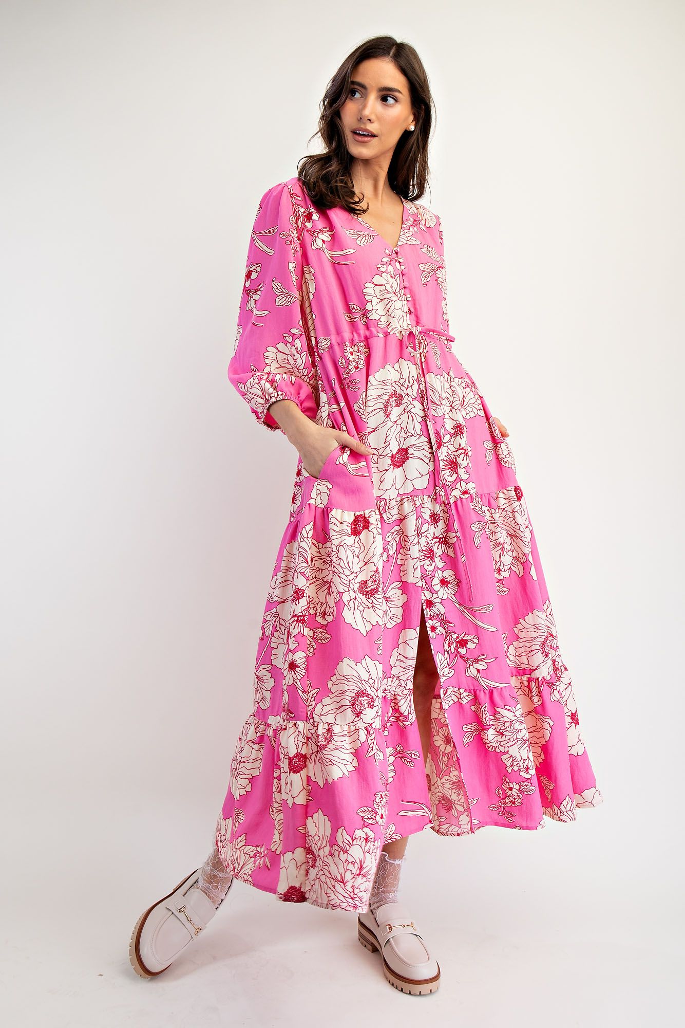 🌸 Easel Malibu Pink Floral Tiered Maxi Dress Plus🌸-Curvy/Plus Dresses-Easel-Deja Nu Boutique, Women's Fashion Boutique in Lampasas, Texas