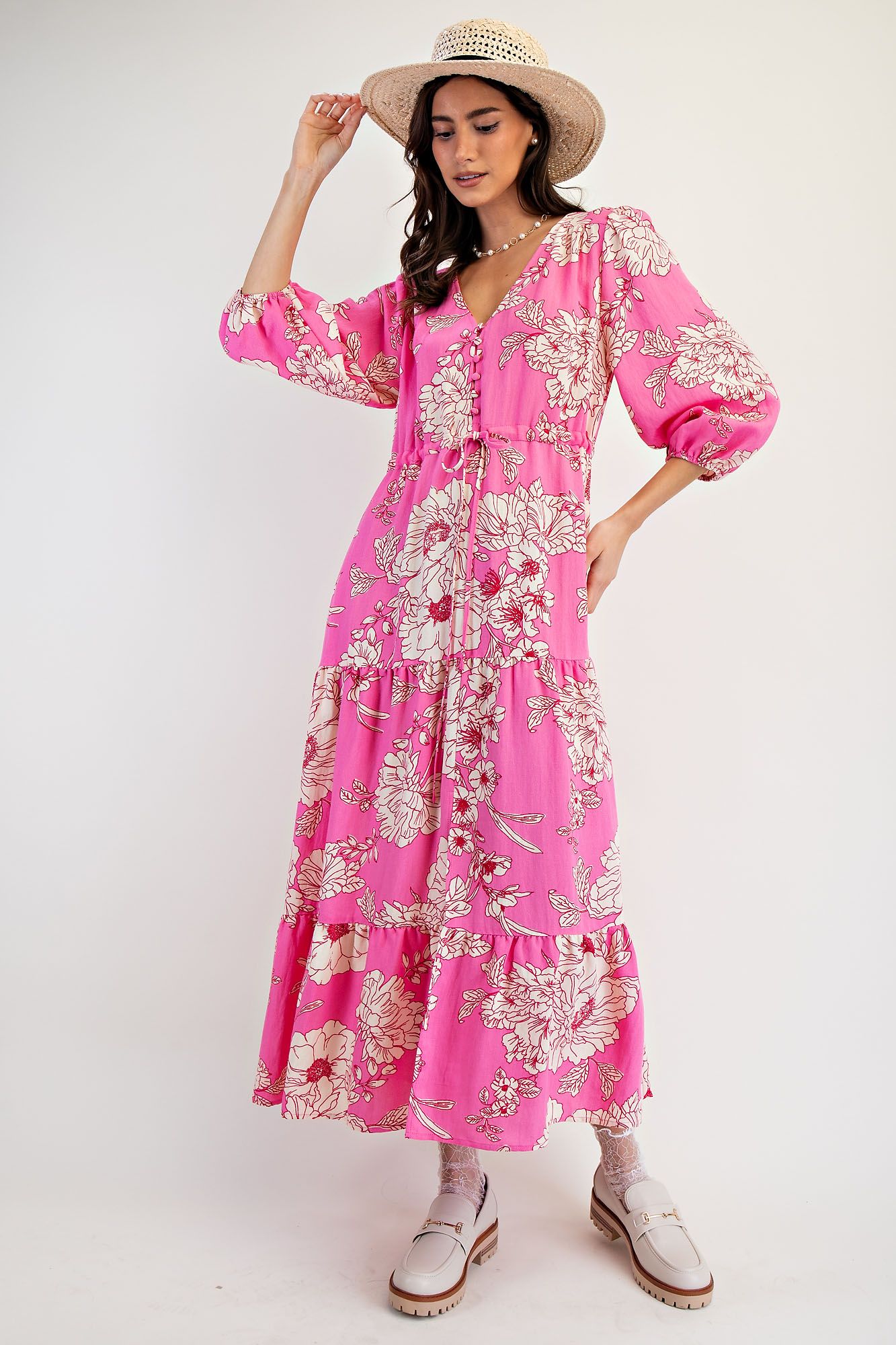 🌸 Easel Malibu Pink Floral Tiered Maxi Dress Plus🌸-Curvy/Plus Dresses-Easel-Deja Nu Boutique, Women's Fashion Boutique in Lampasas, Texas