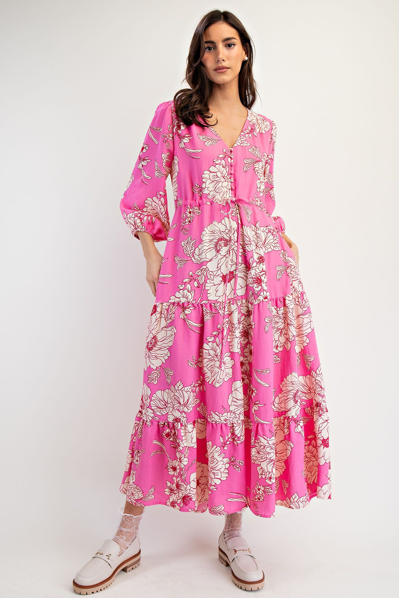🌸 Easel Malibu Pink Floral Tiered Maxi Dress Plus🌸-Curvy/Plus Dresses-Easel-Deja Nu Boutique, Women's Fashion Boutique in Lampasas, Texas
