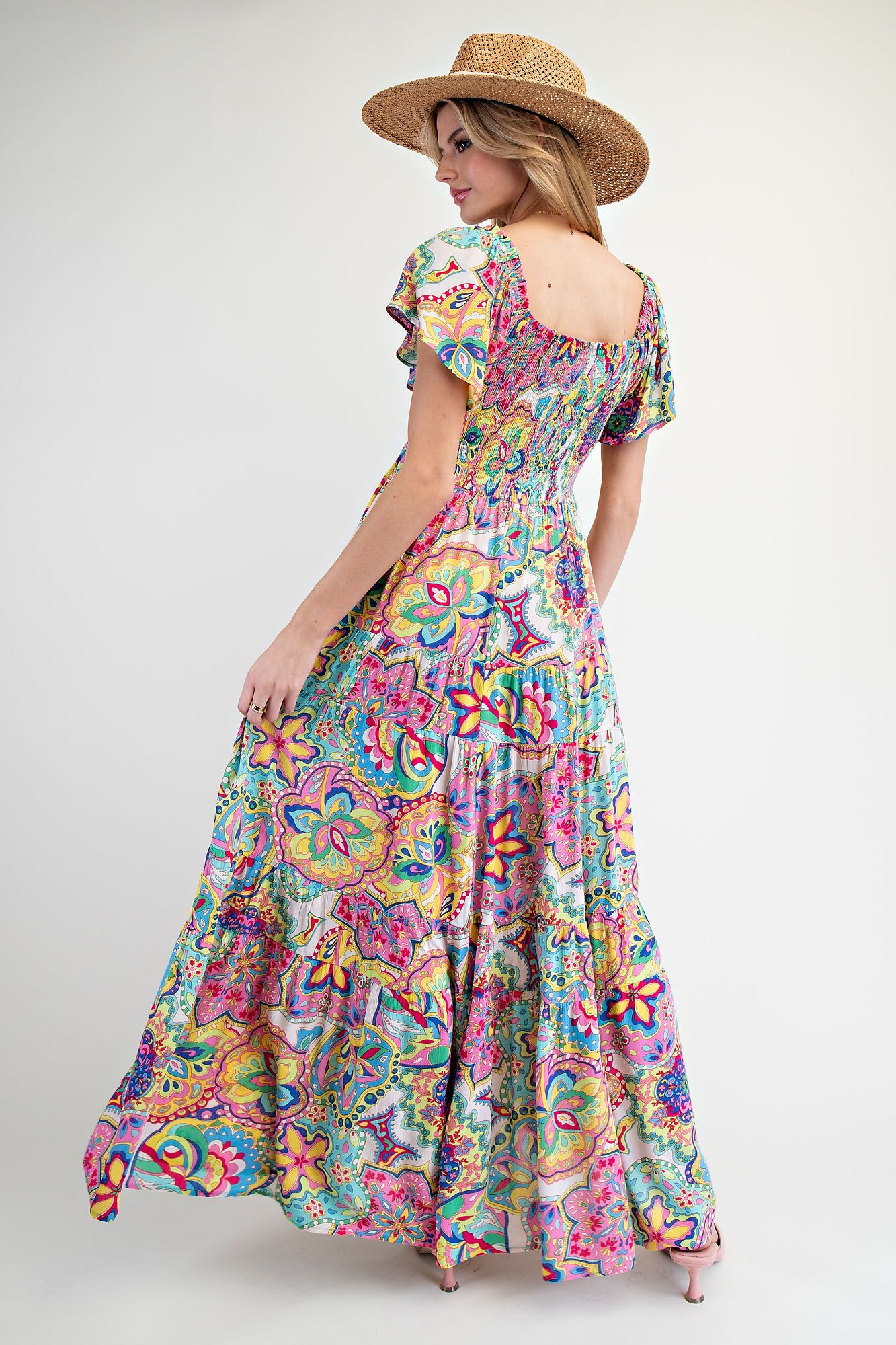 Easel Paisley Smocked Tiered Maxi Dress In Turquoise And Pink-Maxi Dresses-Easel-Deja Nu Boutique, Women's Fashion Boutique in Lampasas, Texas