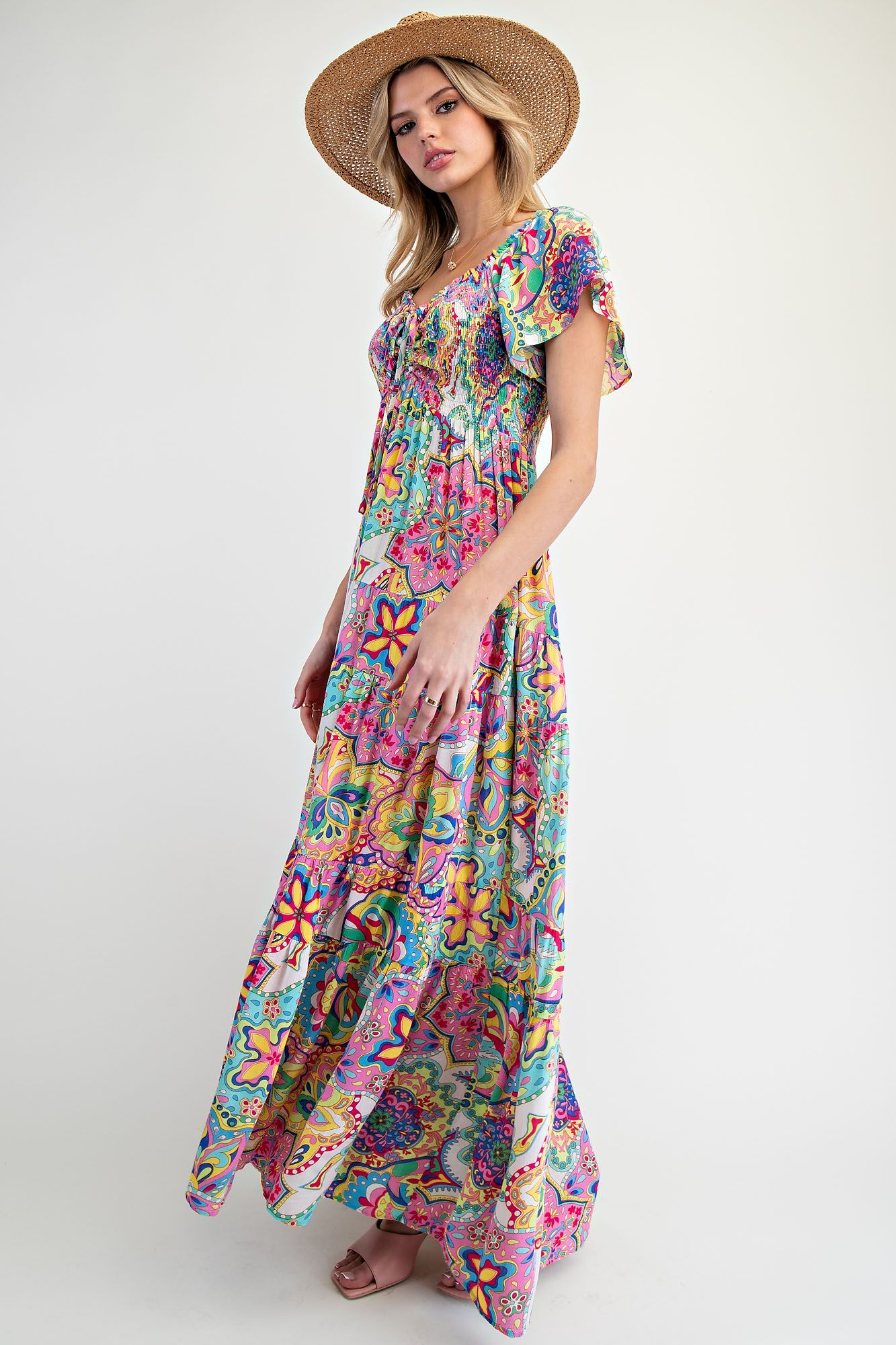 Easel Paisley Smocked Tiered Maxi Dress In Turquoise And Pink-Maxi Dresses-Easel-Deja Nu Boutique, Women's Fashion Boutique in Lampasas, Texas