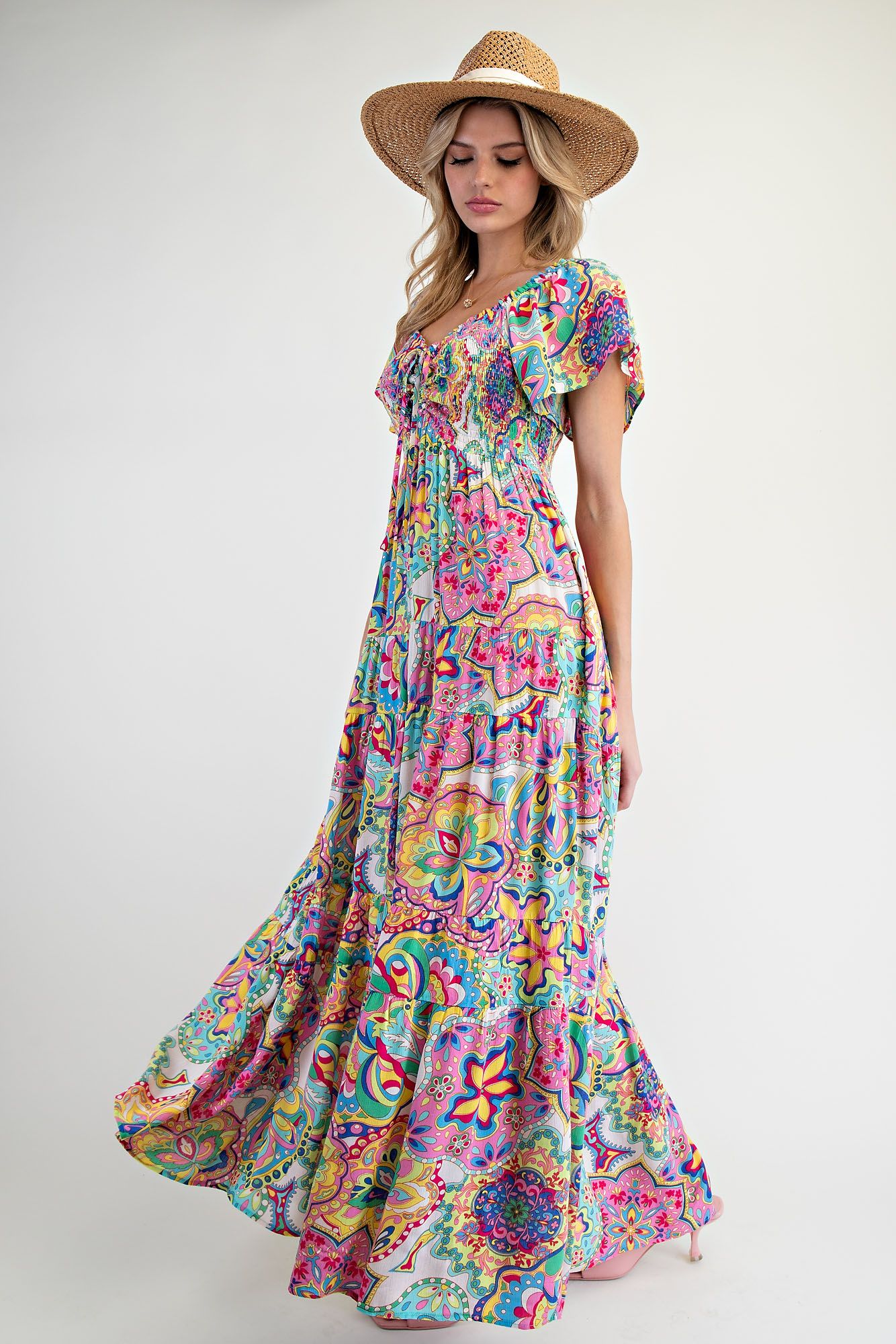 Easel Paisley Smocked Tiered Maxi Dress In Turquoise And Pink-Maxi Dresses-Easel-Deja Nu Boutique, Women's Fashion Boutique in Lampasas, Texas