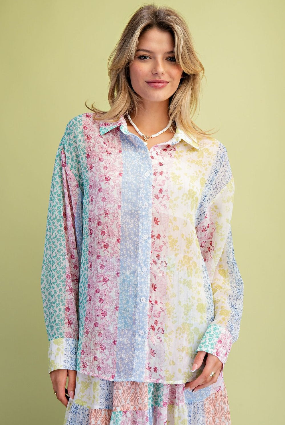 Easel Patchwork Multi Floral Printed Chiffon Button Down Shirt-shirts-Easel-Deja Nu Boutique, Women's Fashion Boutique in Lampasas, Texas