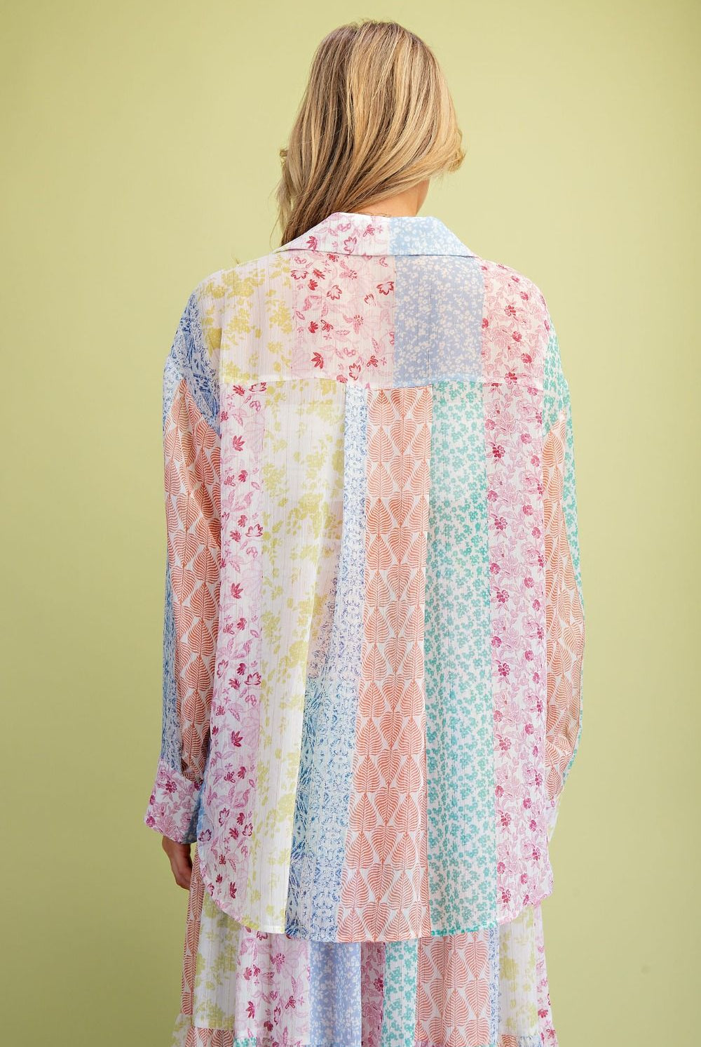 Easel Patchwork Multi Floral Printed Chiffon Button Down Shirt-shirts-Easel-Deja Nu Boutique, Women's Fashion Boutique in Lampasas, Texas