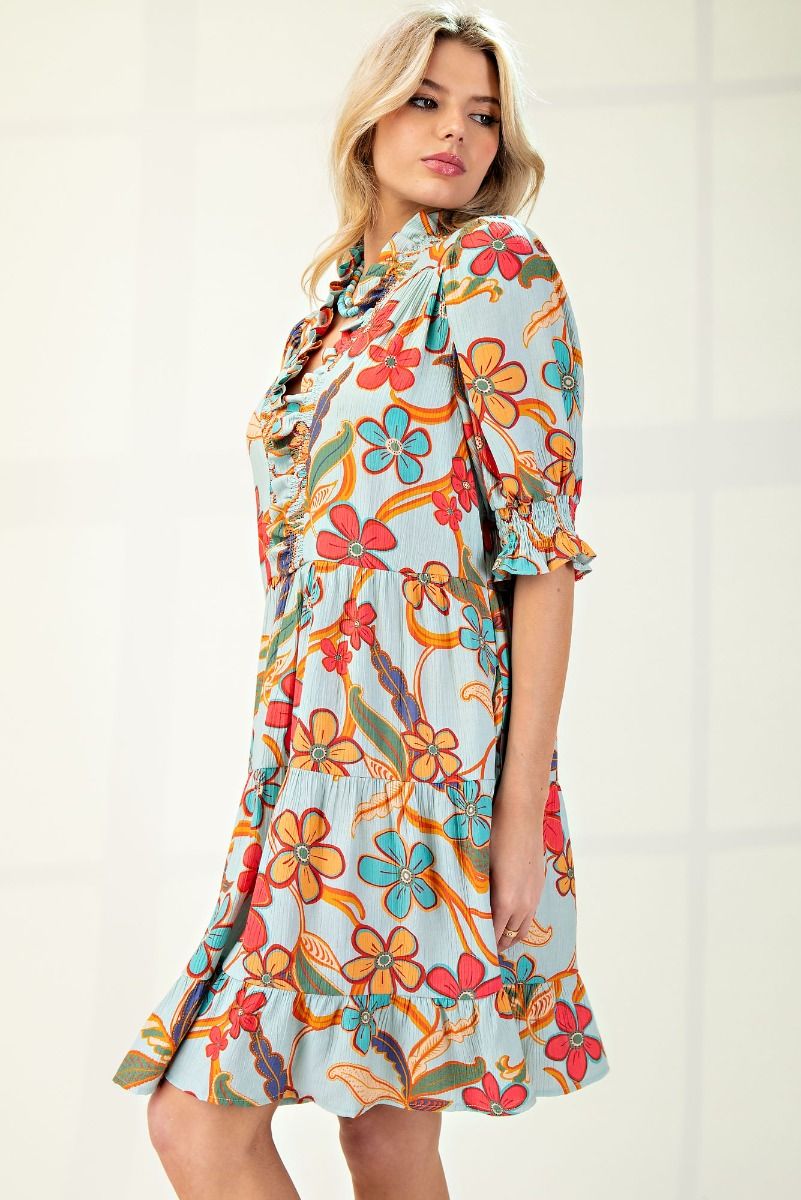 Easel Peach Blossom Sage Short Dress-Dresses-Easel-Deja Nu Boutique, Women's Fashion Boutique in Lampasas, Texas