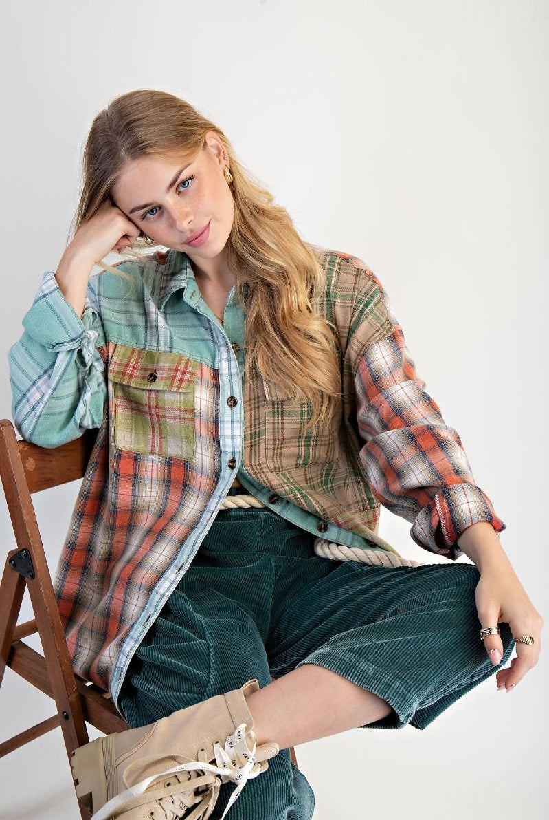 Easel Plaid Mix Mineral Washed Patchwork Button Down Shacket In Sage Combo-shirts-Easel-Deja Nu Boutique, Women's Fashion Boutique in Lampasas, Texas