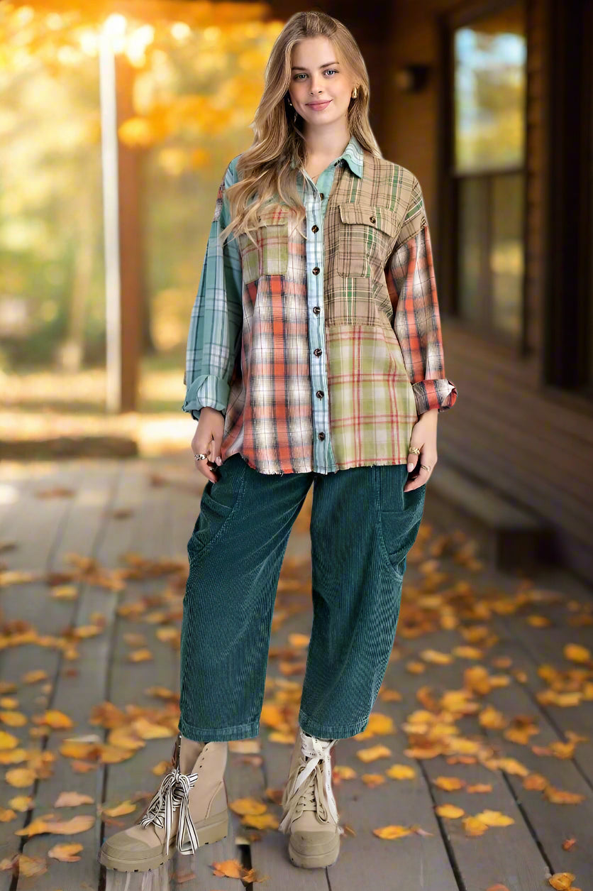 Easel Plaid Mix Mineral Washed Patchwork Button Down Shacket In Sage Combo-shirts-Easel-Deja Nu Boutique, Women's Fashion Boutique in Lampasas, Texas