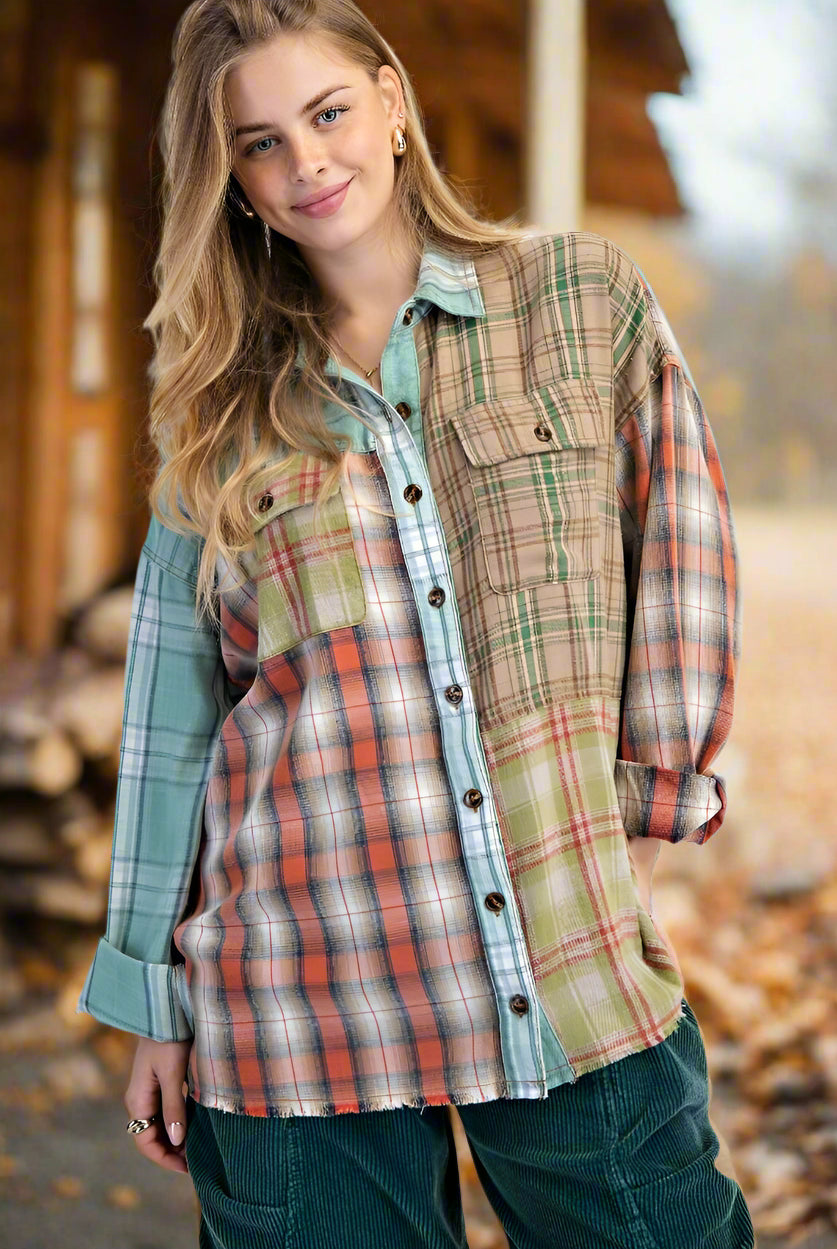 Easel Plaid Mix Mineral Washed Patchwork Button Down Shacket In Sage Combo-shirts-Easel-Deja Nu Boutique, Women's Fashion Boutique in Lampasas, Texas