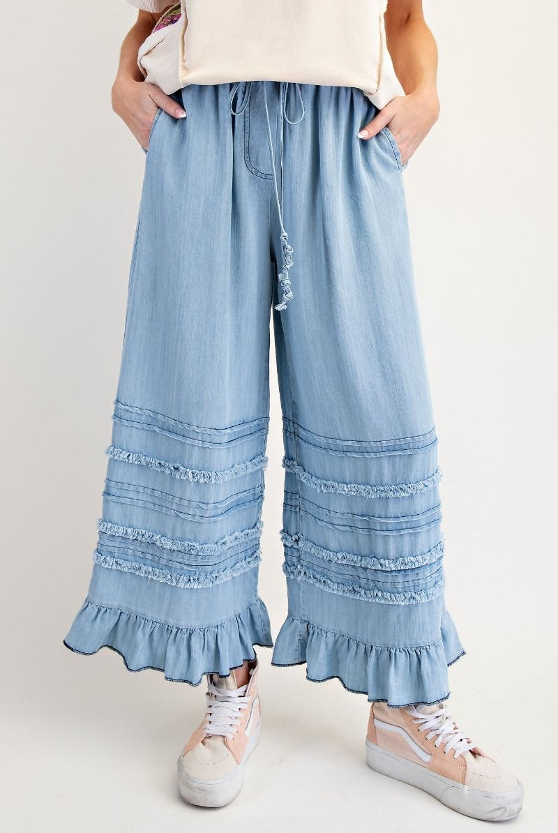 Easel Plus Self Fray Washed Chambray Pants-Curvy/Plus Bottoms-Easel-Deja Nu Boutique, Women's Fashion Boutique in Lampasas, Texas