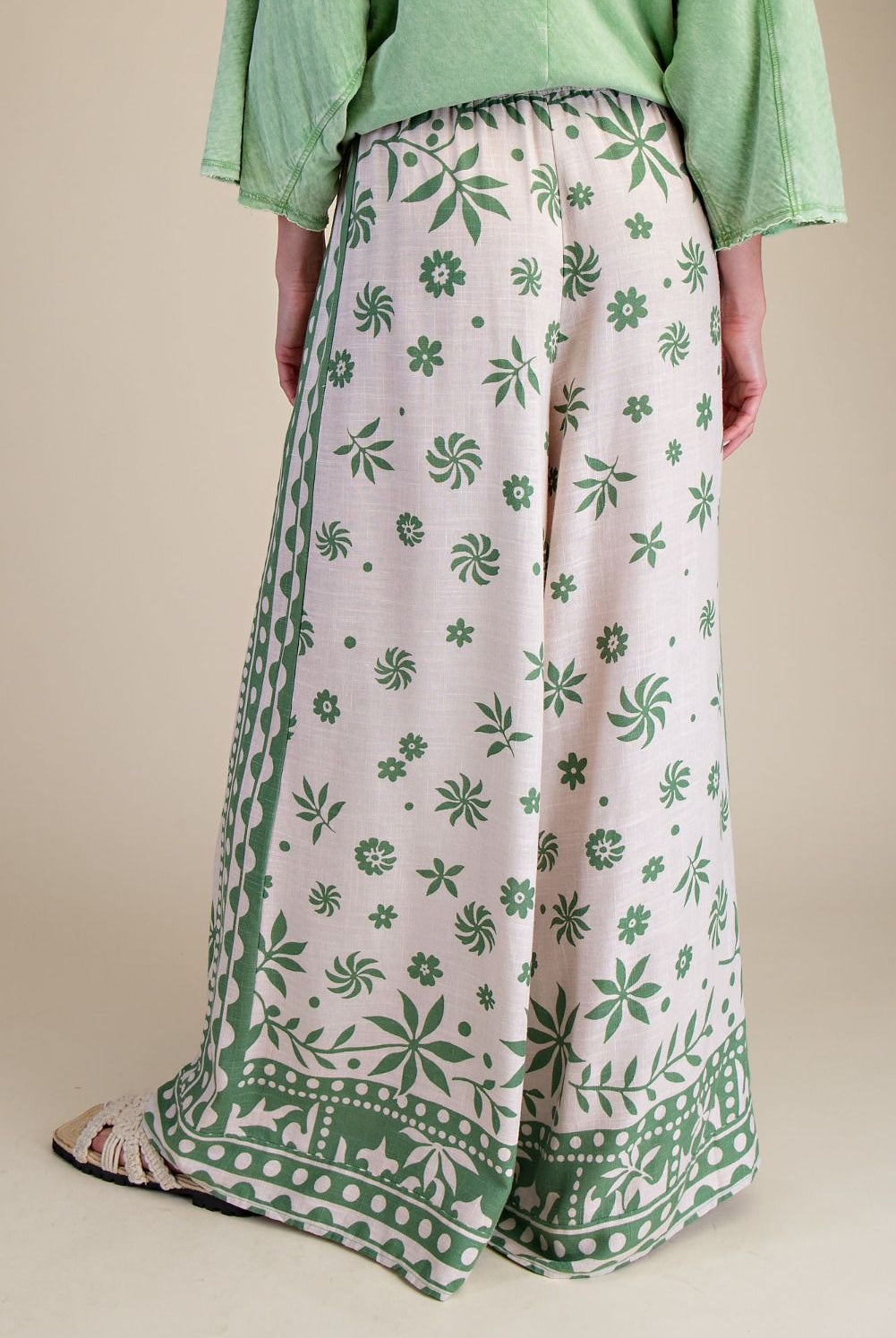 Easel Plus Size Border Print Rayon Linen Wide Leg Pants in Matcha Latte-Curvy/Plus Bottoms-Easel-Deja Nu Boutique, Women's Fashion Boutique in Lampasas, Texas