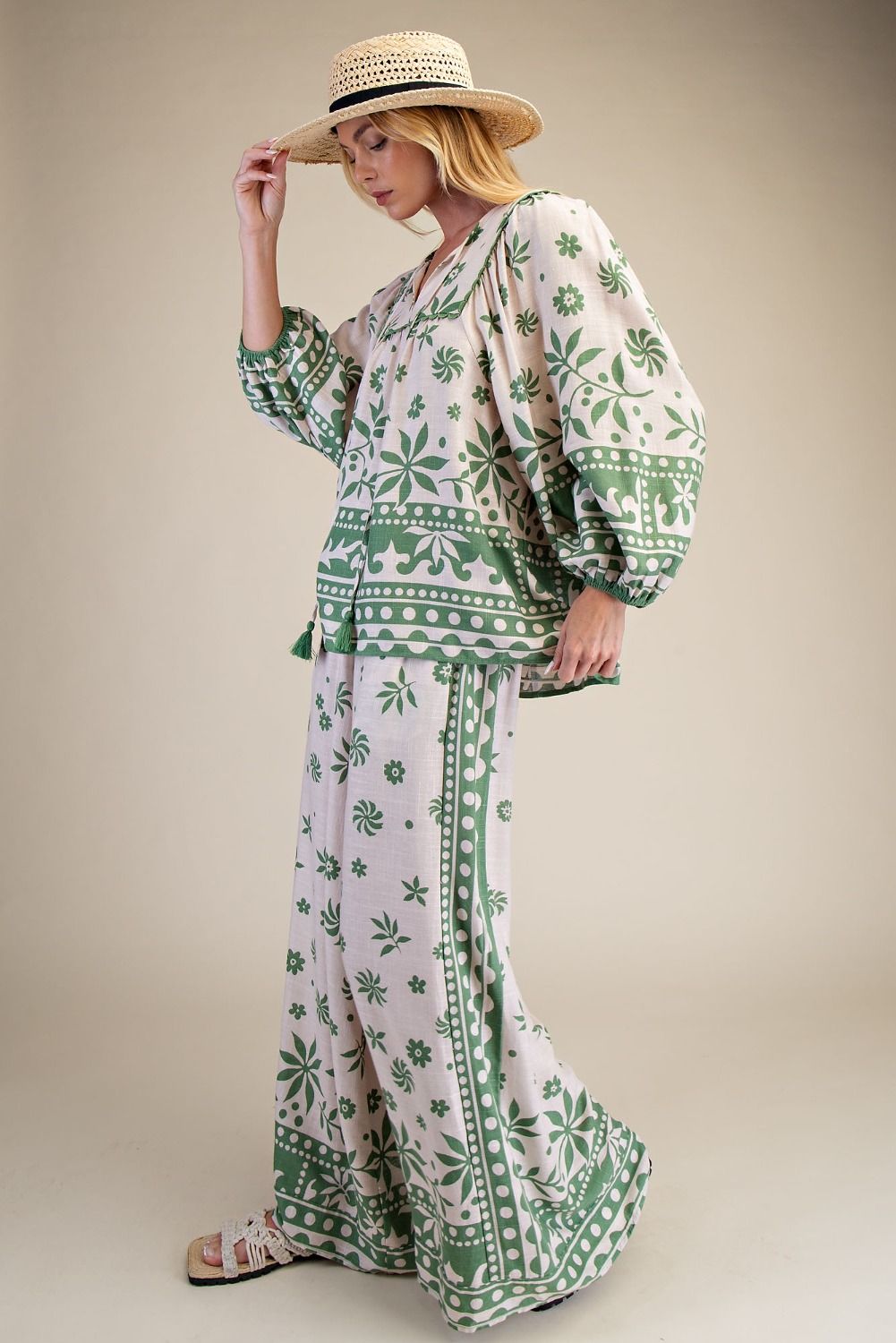 Easel Plus Size Border Print Rayon Linen Wide Leg Pants in Matcha Latte-Curvy/Plus Bottoms-Easel-Deja Nu Boutique, Women's Fashion Boutique in Lampasas, Texas