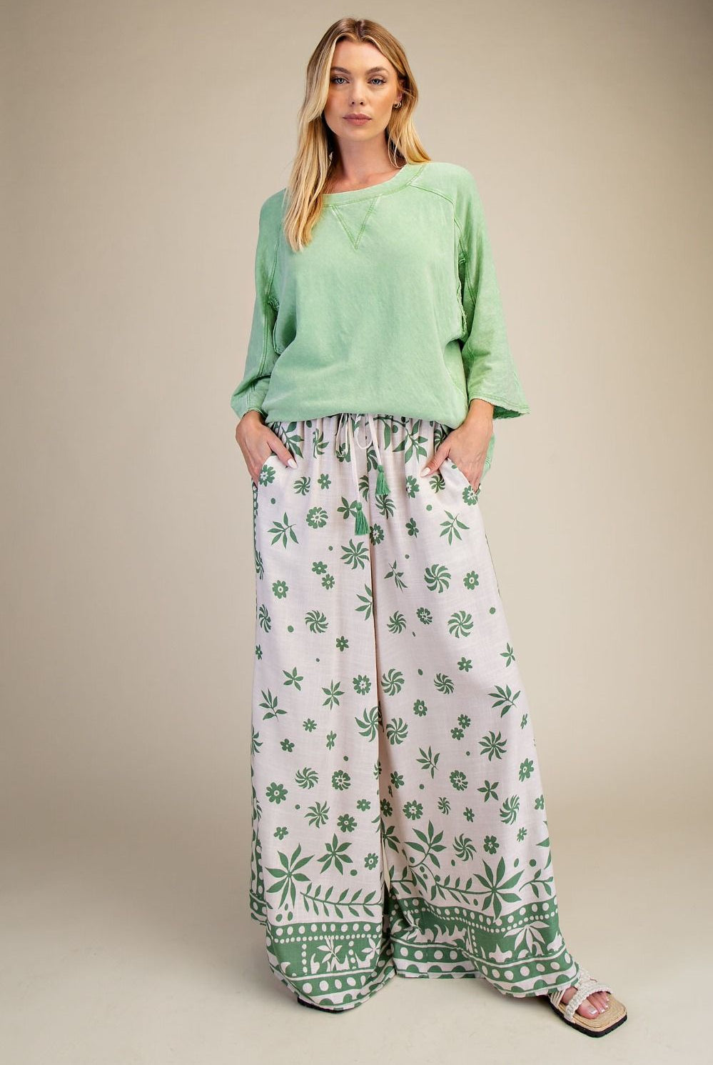 Easel Plus Size Border Print Rayon Linen Wide Leg Pants in Matcha Latte-Curvy/Plus Bottoms-Easel-Deja Nu Boutique, Women's Fashion Boutique in Lampasas, Texas