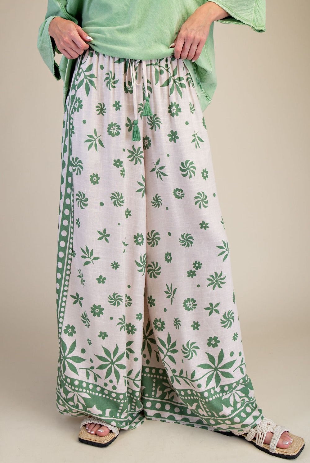 Easel Plus Size Border Print Rayon Linen Wide Leg Pants in Matcha Latte-Curvy/Plus Bottoms-Easel-Deja Nu Boutique, Women's Fashion Boutique in Lampasas, Texas