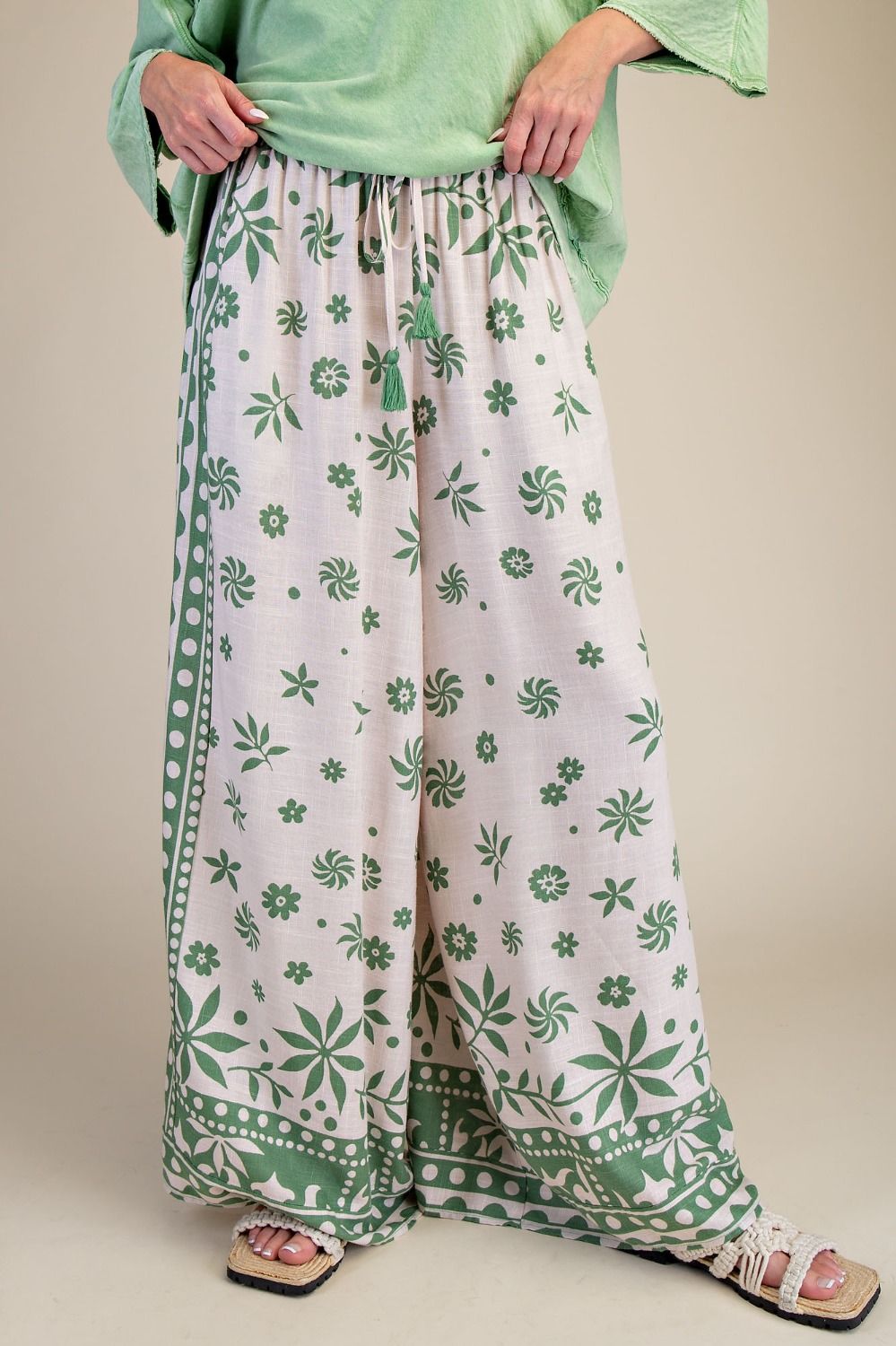 Easel Plus Size Border Print Rayon Linen Wide Leg Pants in Matcha Latte-Curvy/Plus Bottoms-Easel-Deja Nu Boutique, Women's Fashion Boutique in Lampasas, Texas