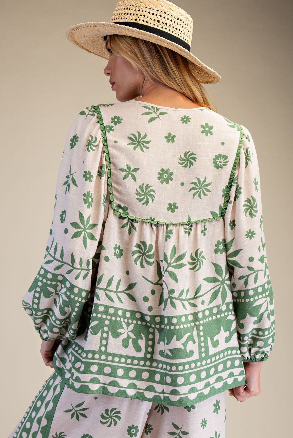 Easel Plus Size Printed Rayon Linen Boho Top in Matcha Latte-Curvy/Plus Blouses-Easel-Deja Nu Boutique, Women's Fashion Boutique in Lampasas, Texas