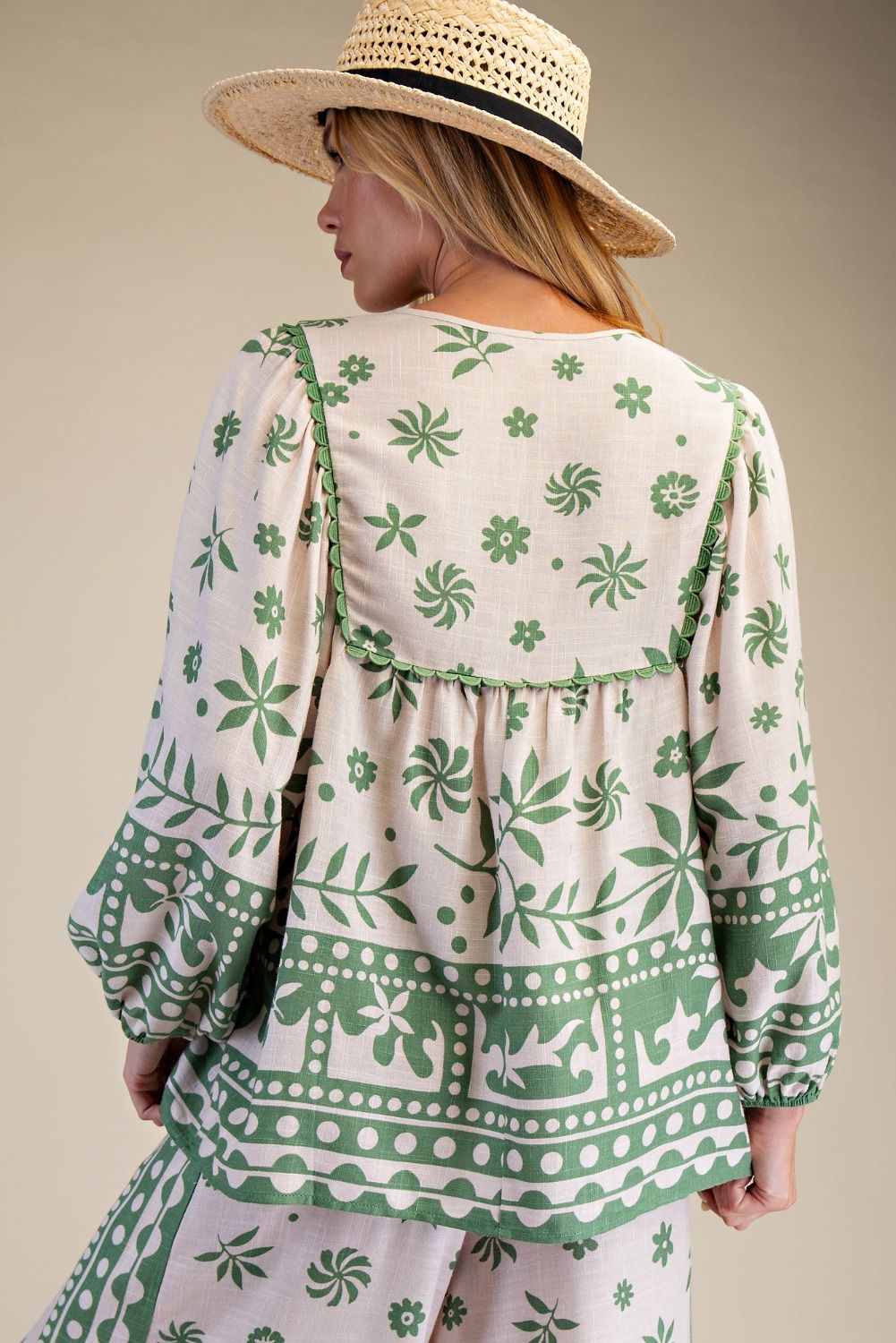 Easel Plus Size Printed Rayon Linen Boho Top in Matcha Latte-Curvy/Plus Blouses-Easel-Deja Nu Boutique, Women's Fashion Boutique in Lampasas, Texas