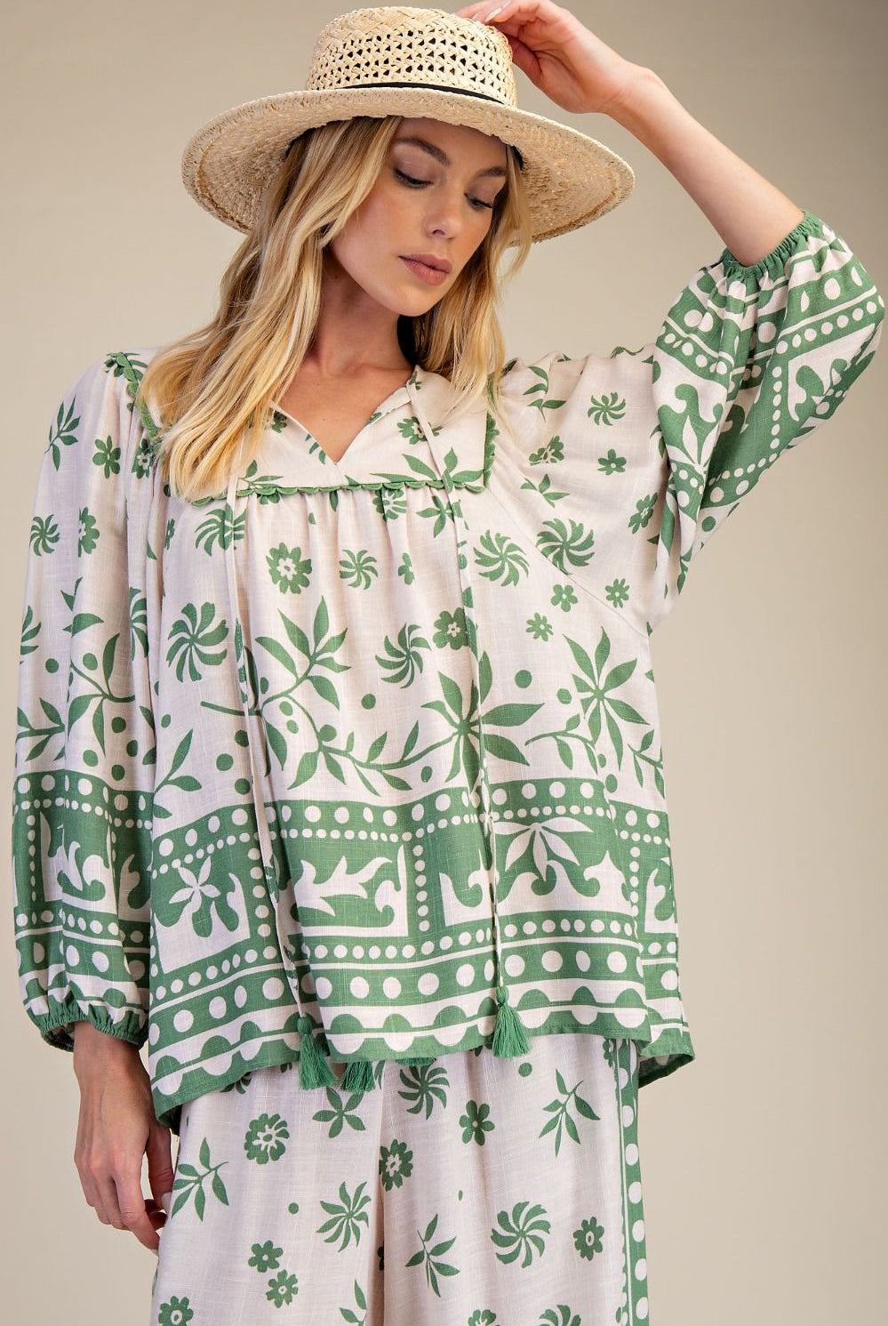 Easel Plus Size Printed Rayon Linen Boho Top in Matcha Latte-Curvy/Plus Blouses-Easel-Deja Nu Boutique, Women's Fashion Boutique in Lampasas, Texas