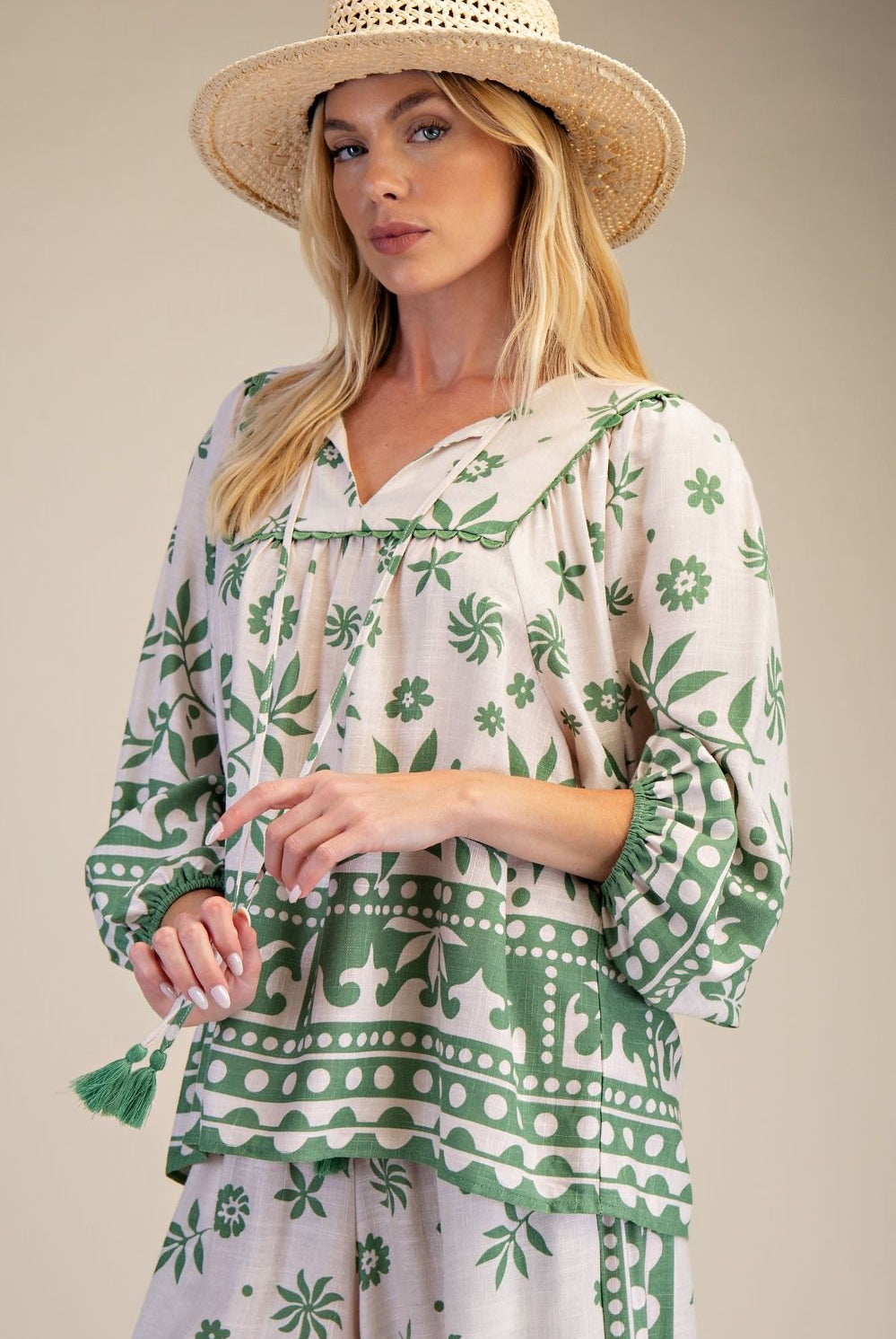 Easel Plus Size Printed Rayon Linen Boho Top in Matcha Latte-Curvy/Plus Blouses-Easel-Deja Nu Boutique, Women's Fashion Boutique in Lampasas, Texas