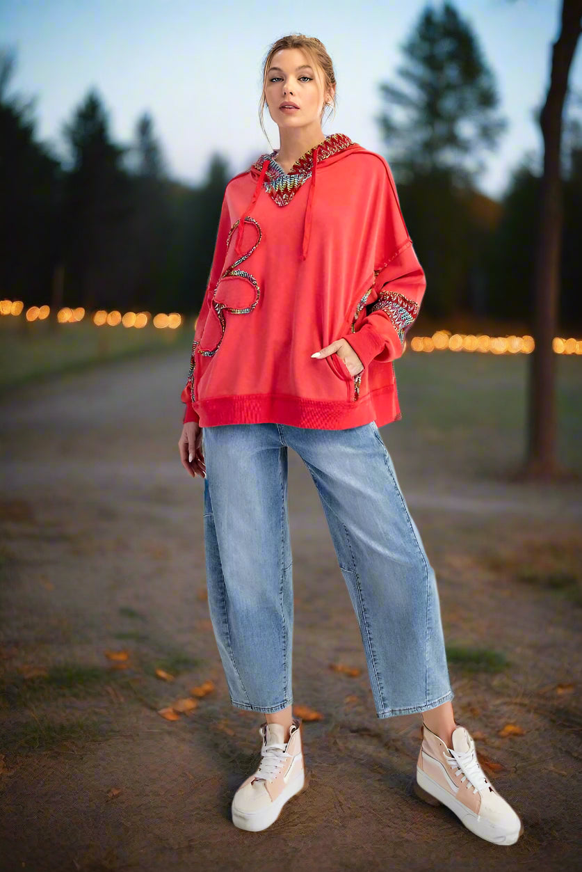 Easel Poppy Red Daisy Patch Terry Hoodie – Oversized Washed Pullover with Rainbow Trim-hoodie-Easel-Deja Nu Boutique, Women's Fashion Boutique in Lampasas, Texas