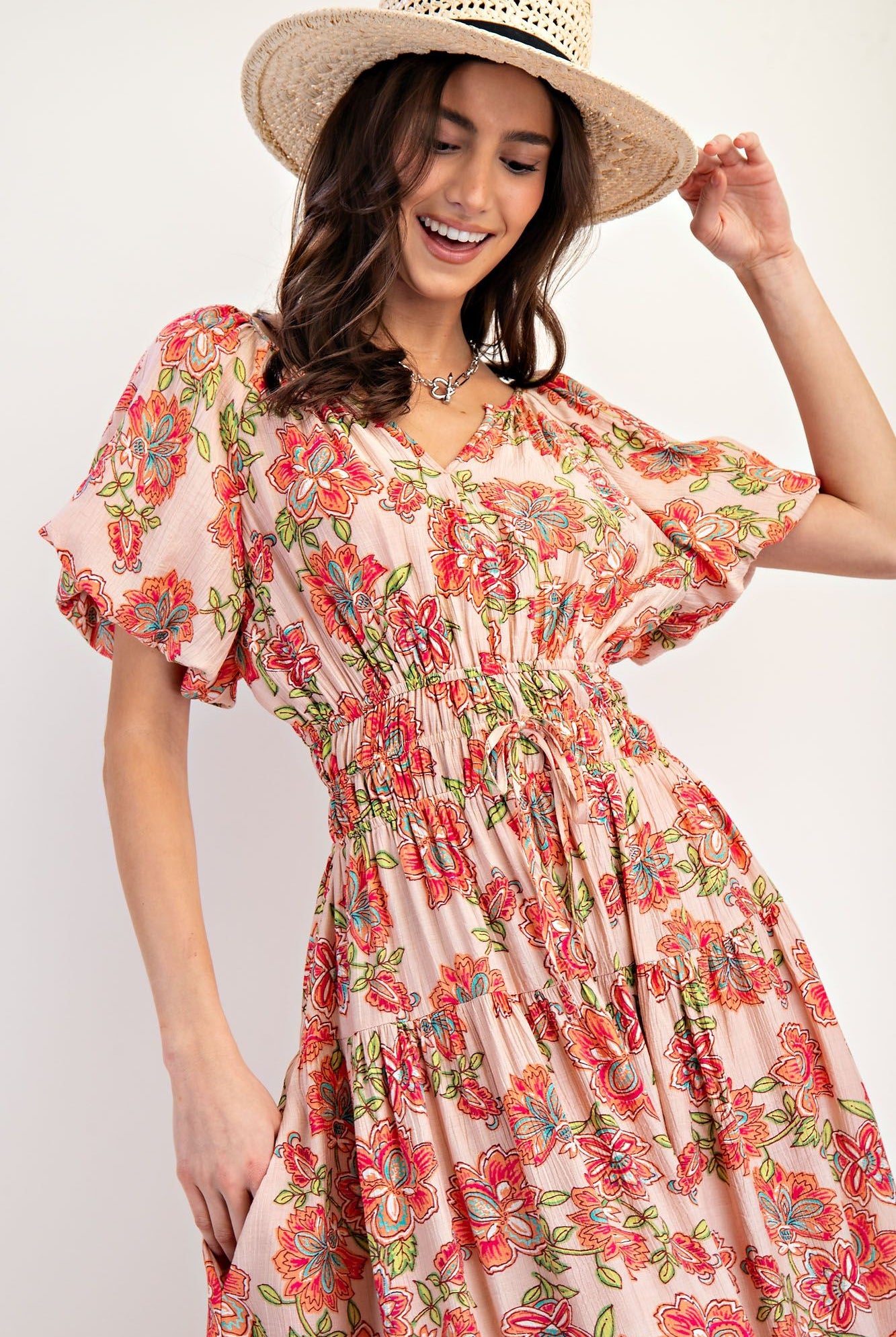 🍑 Easel Printed Peach Blossom Maxi Dress – Fuzzy Peach 🍑-Maxi Dresses-Easel-Deja Nu Boutique, Women's Fashion Boutique in Lampasas, Texas