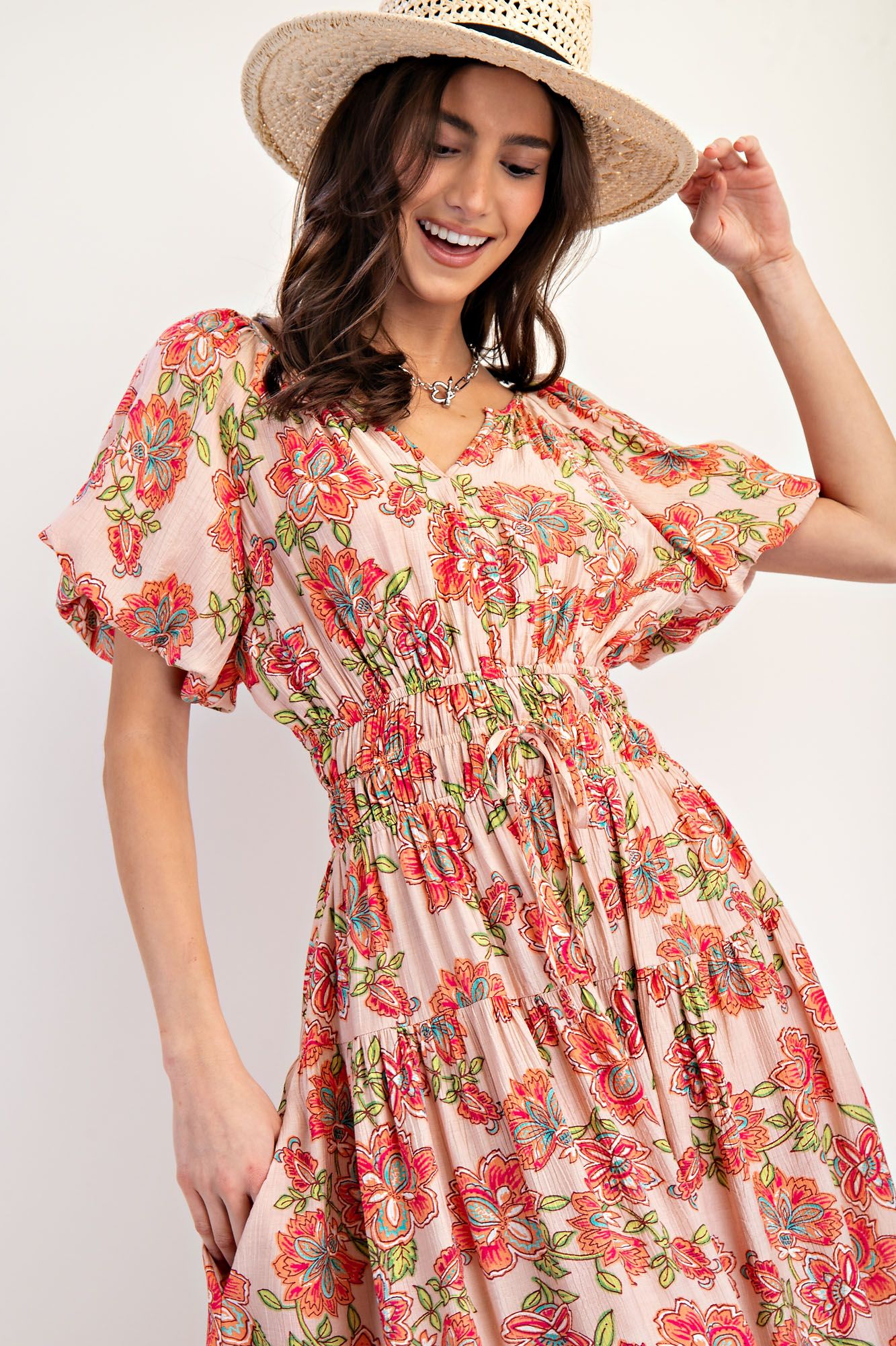 π Easel Printed Peach Blossom Maxi Dress β Fuzzy Peach π-Maxi Dresses-Easel-Deja Nu Boutique, Women's Fashion Boutique in Lampasas, Texas