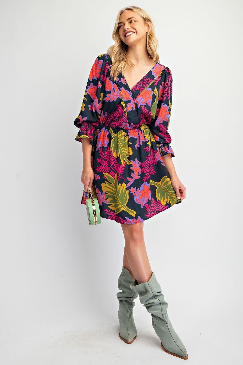 Easel Printed Wool Peach Woven Surplus Mini Dress In Jungle Green-Dresses-Easel-Deja Nu Boutique, Women's Fashion Boutique in Lampasas, Texas