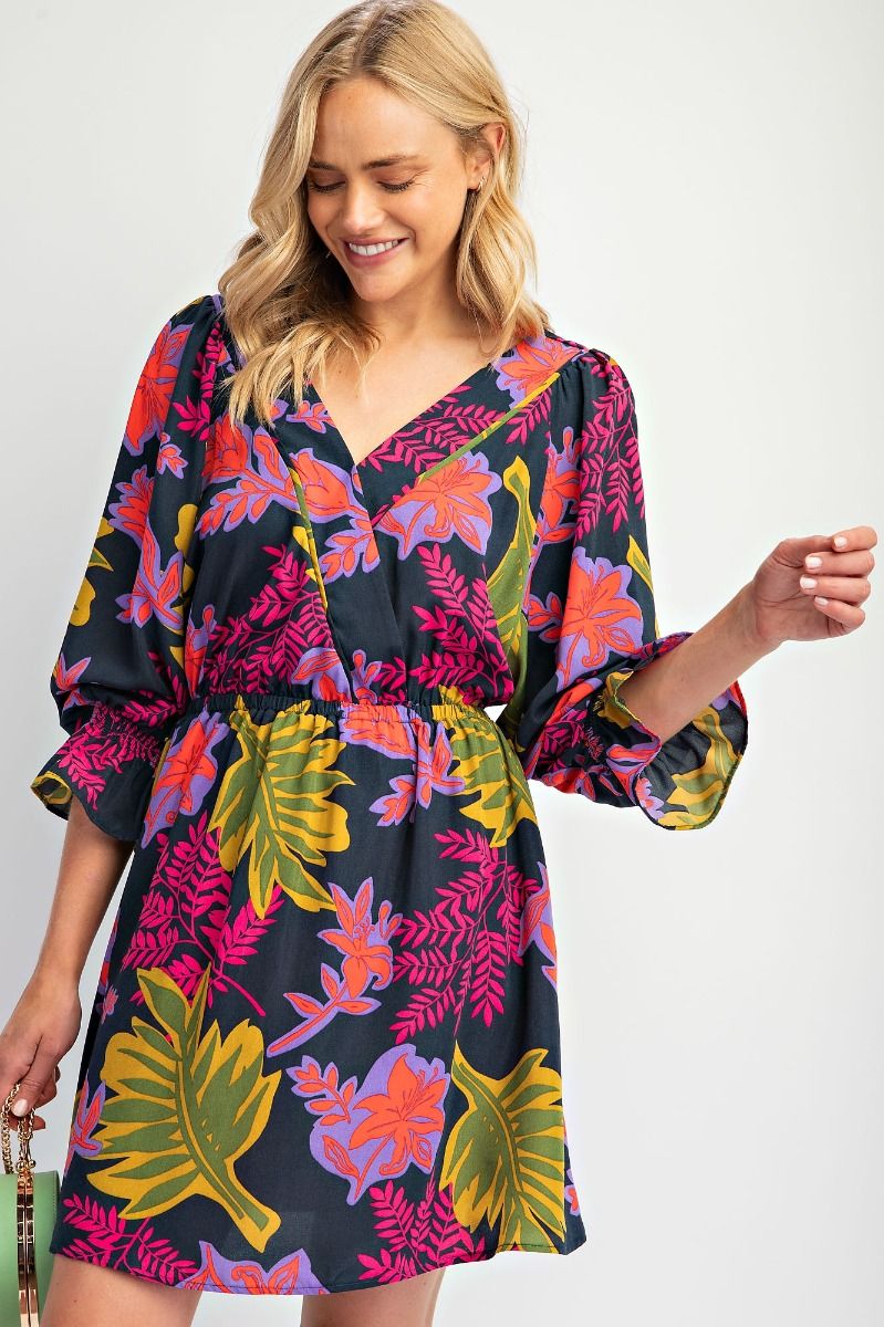 Easel Printed Wool Peach Woven Surplus Mini Dress In Jungle Green-Dresses-Easel-Deja Nu Boutique, Women's Fashion Boutique in Lampasas, Texas