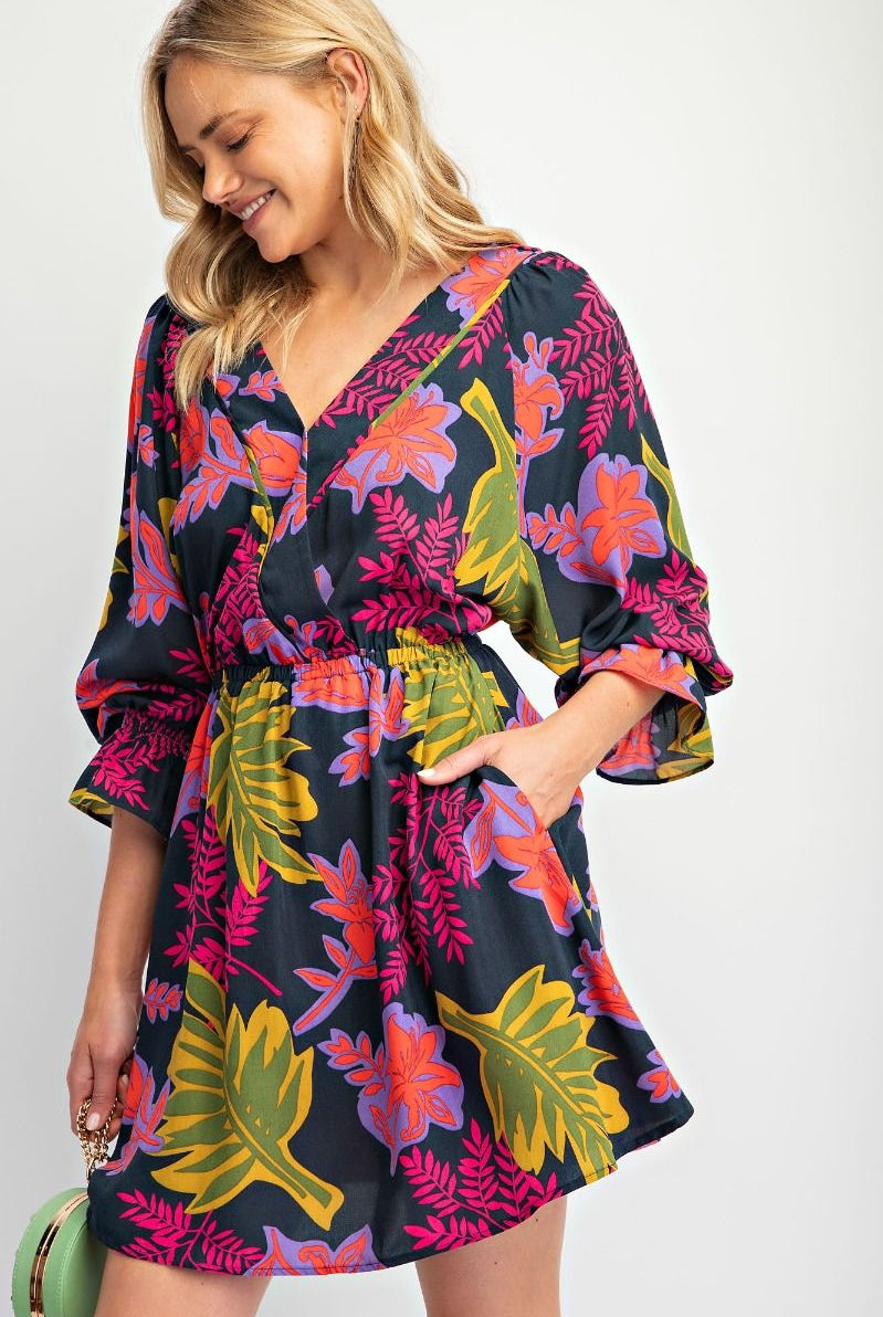 Easel Printed Wool Peach Woven Surplus Mini Dress In Jungle Green-Dresses-Easel-Deja Nu Boutique, Women's Fashion Boutique in Lampasas, Texas