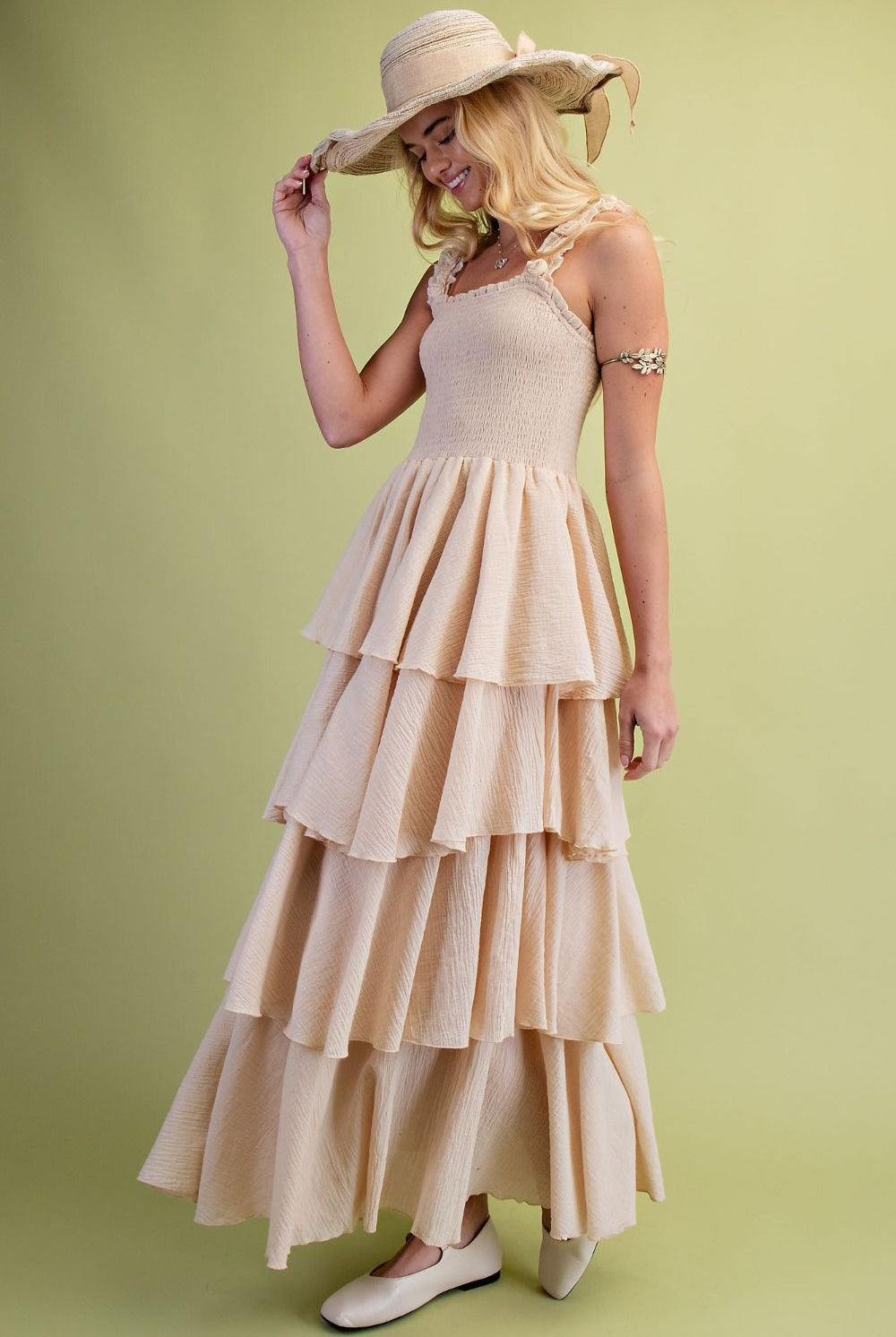 Easel Sage Label Natural Floral Strap Tiered Gauze Maxi Dress-Maxi Dresses-Easel-Deja Nu Boutique, Women's Fashion Boutique in Lampasas, Texas