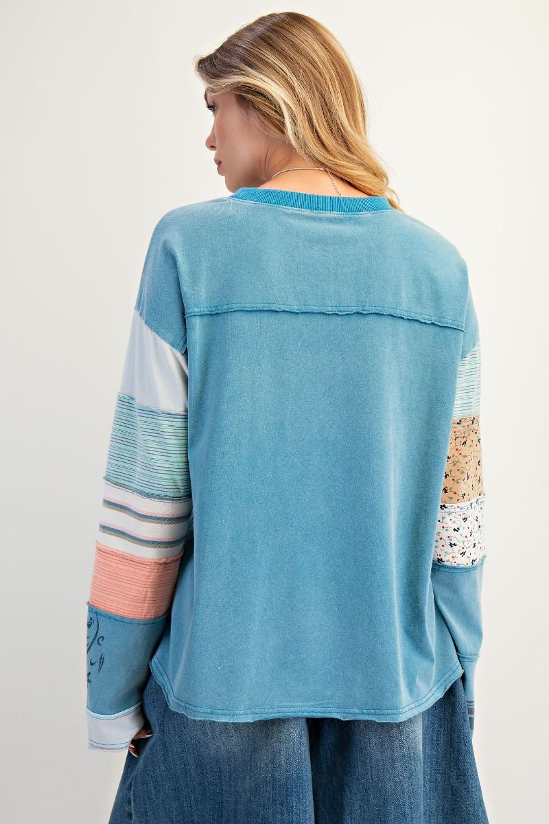 Easel Stripe Mix Terry Soft Washed Pullover – Faded Teal-sweatshirt-Easel-Deja Nu Boutique, Women's Fashion Boutique in Lampasas, Texas