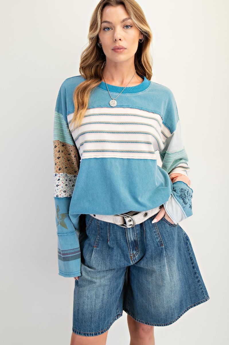 Easel Stripe Mix Terry Soft Washed Pullover – Faded Teal-sweatshirt-Easel-Deja Nu Boutique, Women's Fashion Boutique in Lampasas, Texas