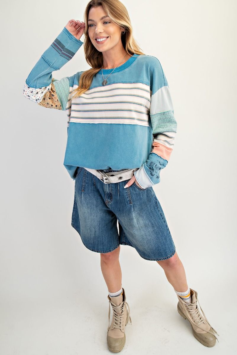 Easel Stripe Mix Terry Soft Washed Pullover – Faded Teal-sweatshirt-Easel-Deja Nu Boutique, Women's Fashion Boutique in Lampasas, Texas