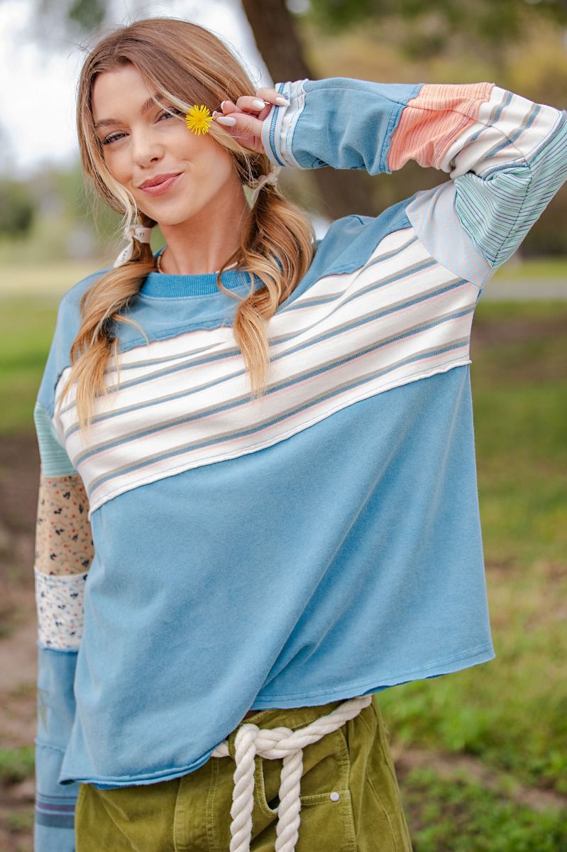 Easel Stripe Mix Terry Soft Washed Pullover – Faded Teal-sweatshirt-Easel-Deja Nu Boutique, Women's Fashion Boutique in Lampasas, Texas