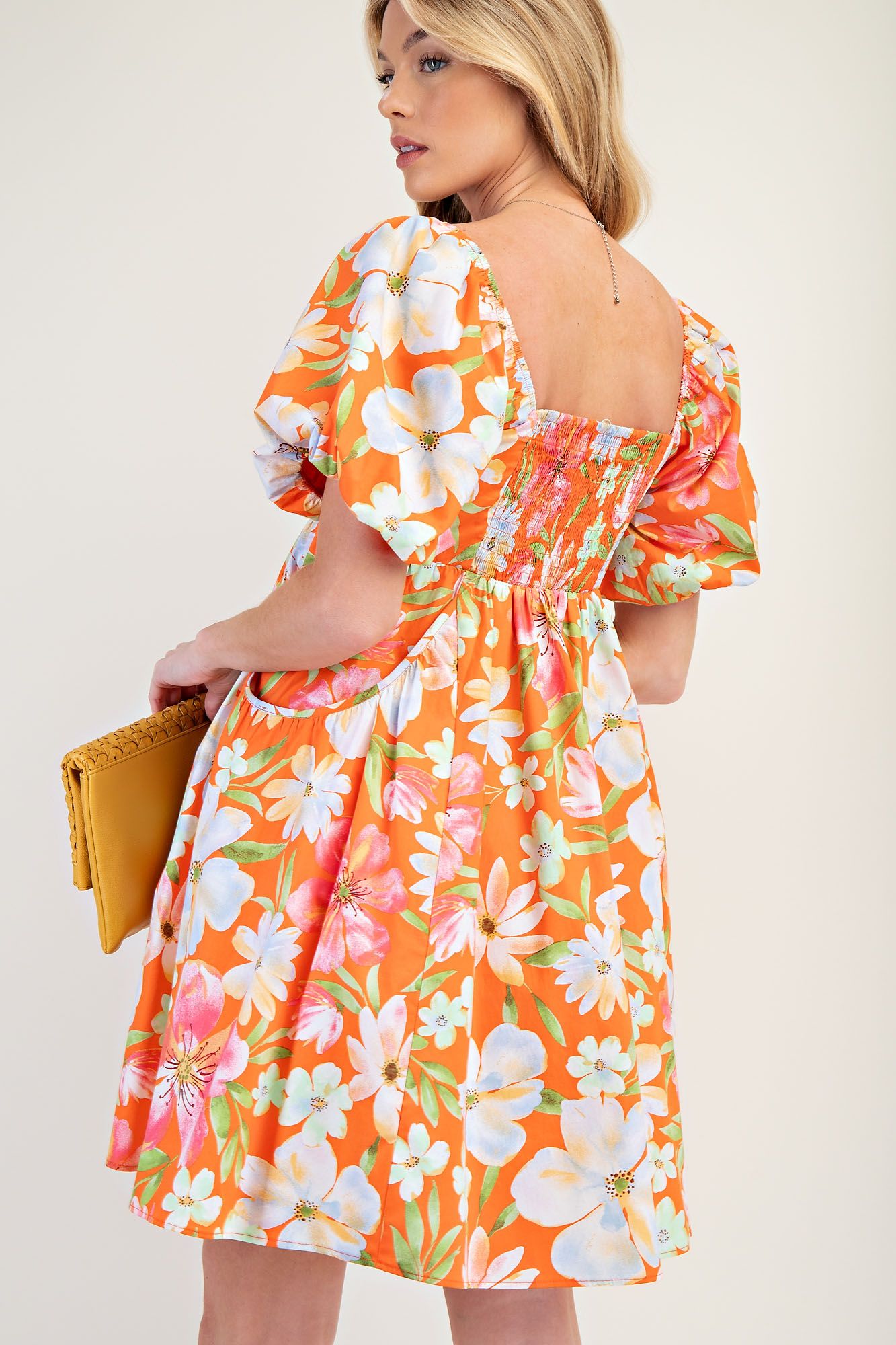 Easel Tangerine Floral Poplin Smocked Dress-Dresses-Easel-Deja Nu Boutique, Women's Fashion Boutique in Lampasas, Texas