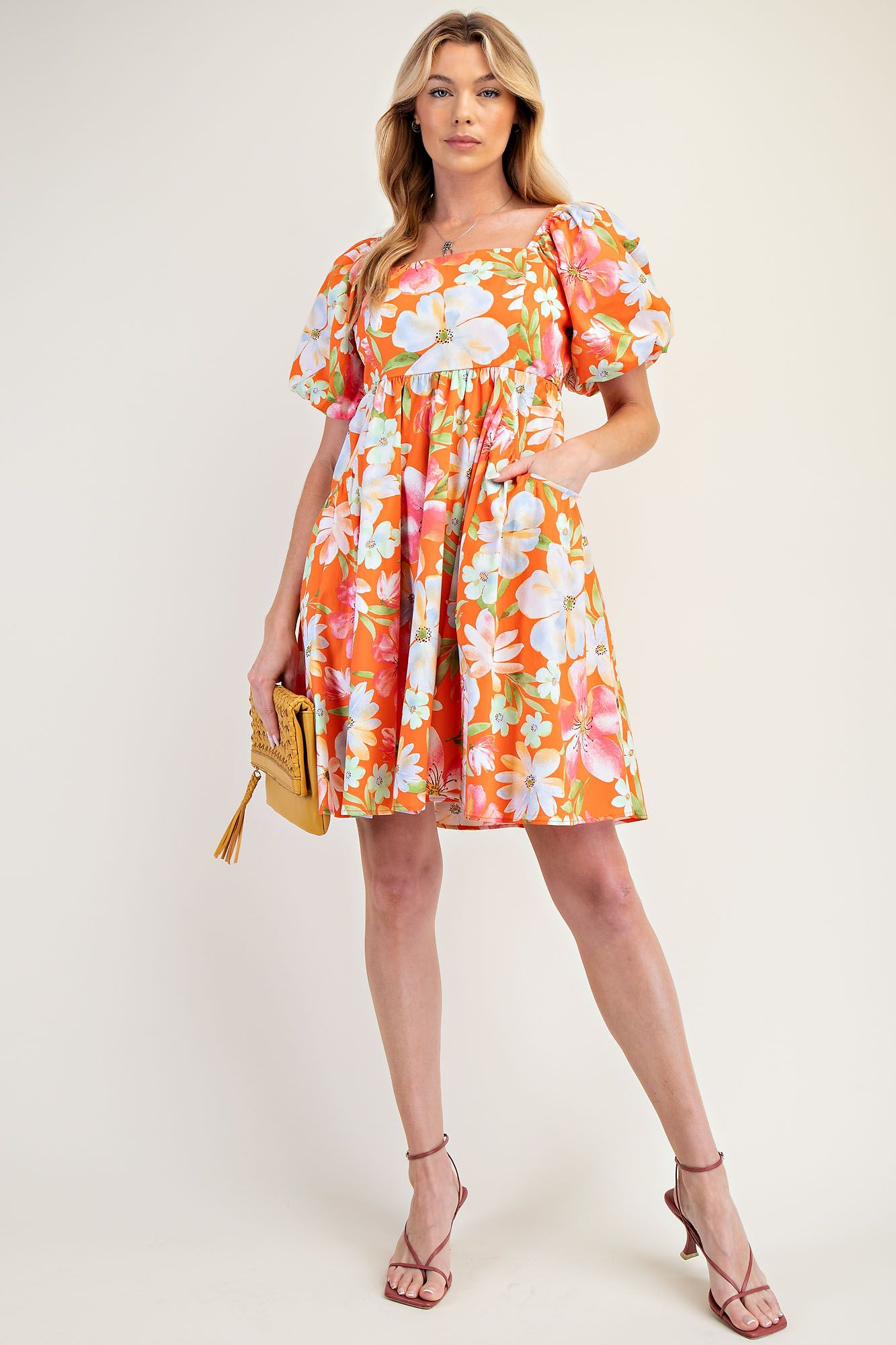 Easel Tangerine Floral Poplin Smocked Dress-Dresses-Easel-Deja Nu Boutique, Women's Fashion Boutique in Lampasas, Texas