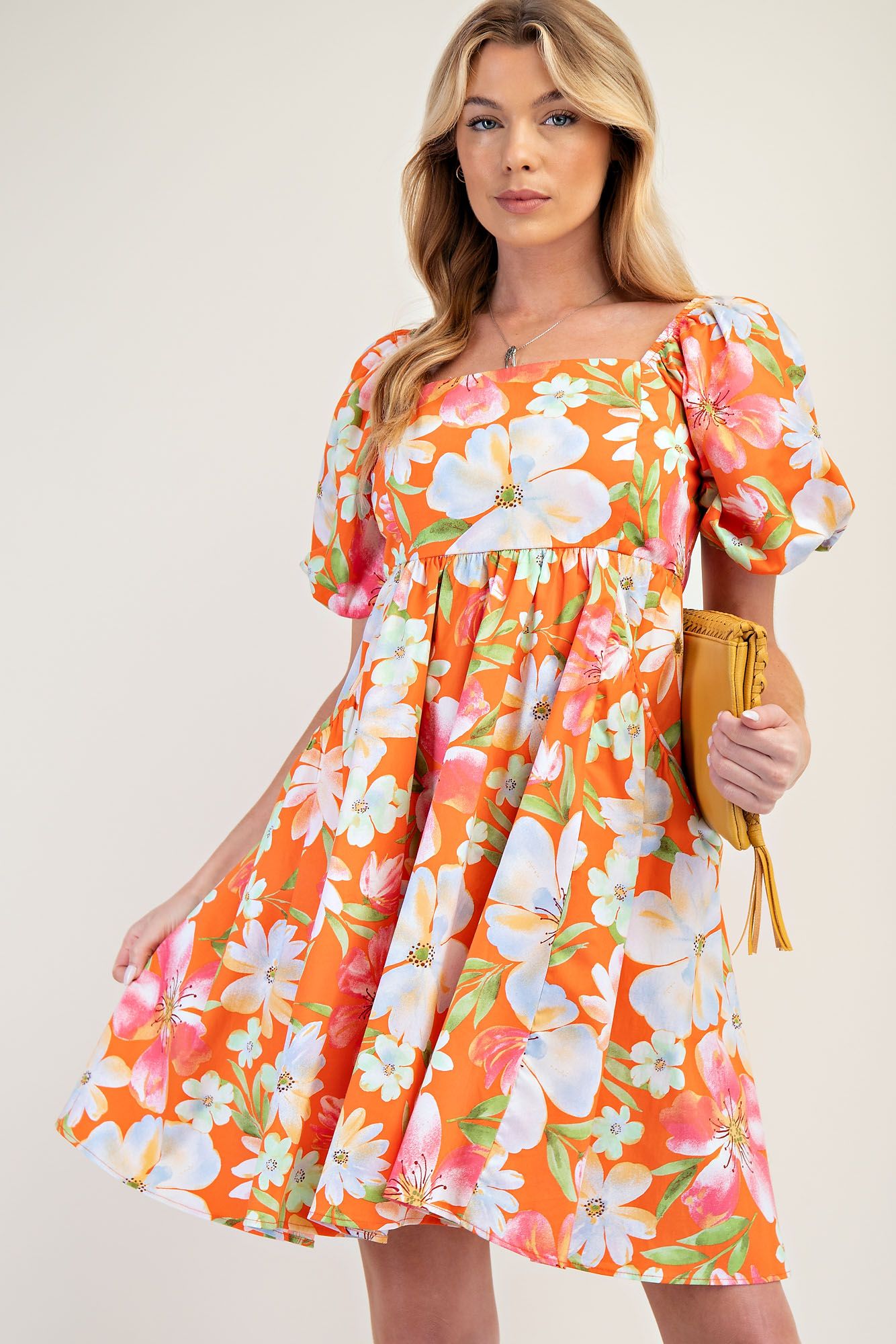 Easel Tangerine Floral Poplin Smocked Dress-Dresses-Easel-Deja Nu Boutique, Women's Fashion Boutique in Lampasas, Texas