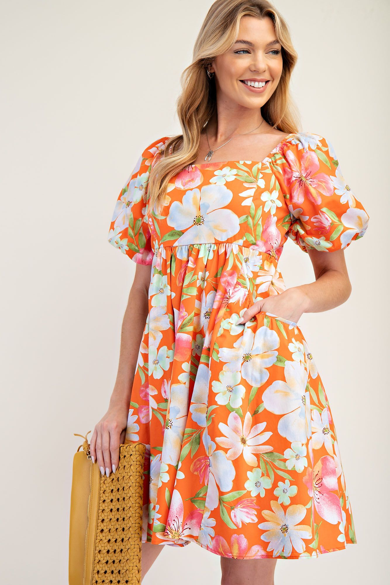Easel Tangerine Floral Poplin Smocked Dress-Dresses-Easel-Deja Nu Boutique, Women's Fashion Boutique in Lampasas, Texas