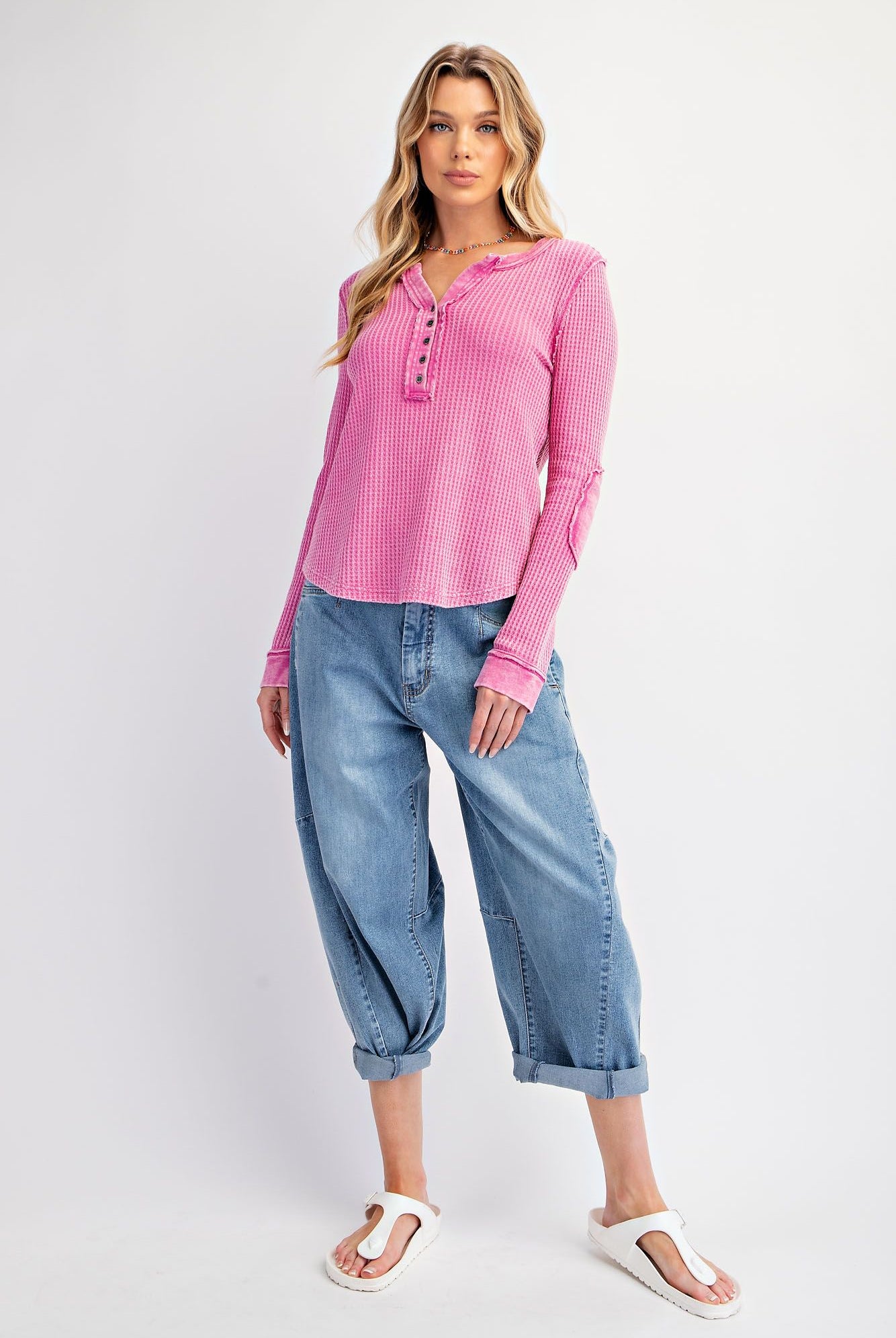 Easel Thermal Knit Washed Henley Top In Orchid-Tops-Easel-Deja Nu Boutique, Women's Fashion Boutique in Lampasas, Texas