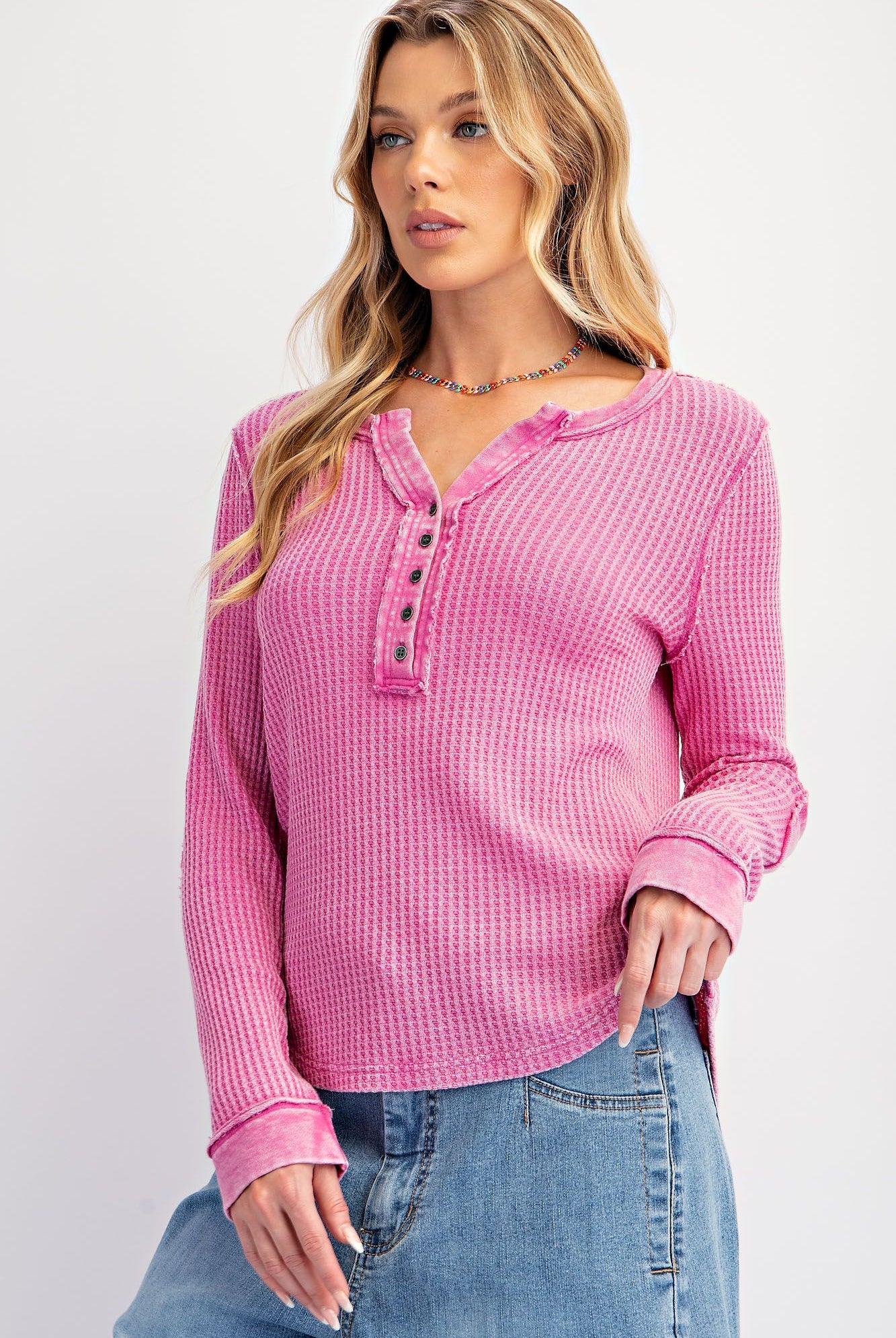 Easel Thermal Knit Washed Henley Top In Orchid-Tops-Easel-Deja Nu Boutique, Women's Fashion Boutique in Lampasas, Texas